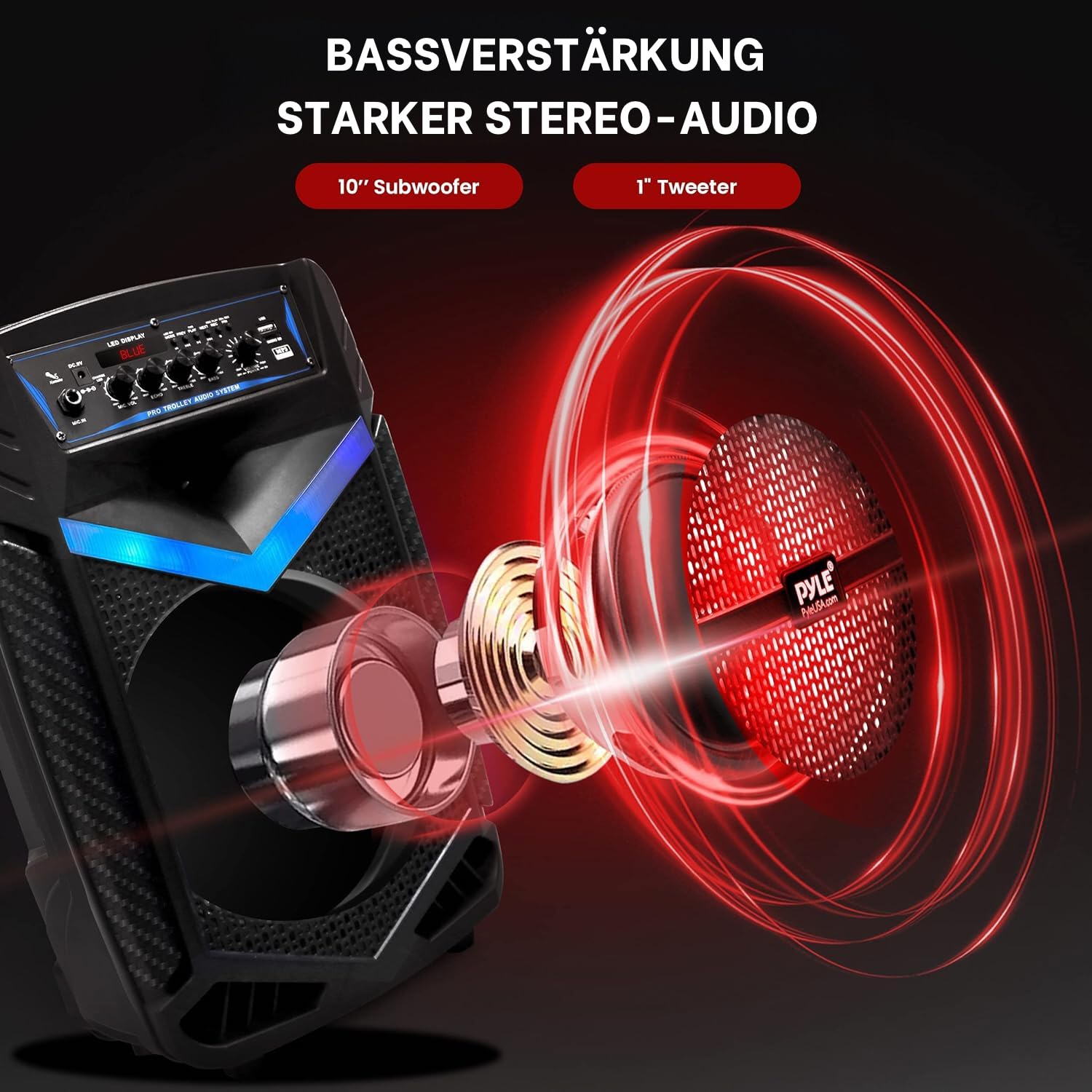 Pyle PA Bluetooth Lautsprecher- Karaoke Maschine mit Karaoke Mikrofon, 600W, Musikbox Bluetooth Box, Partybox, Rechargeable, 10” Subwoofer, 1” Tweeter, Aufnahmefunktion, Partybeleuchtung, USB/SD-Radio