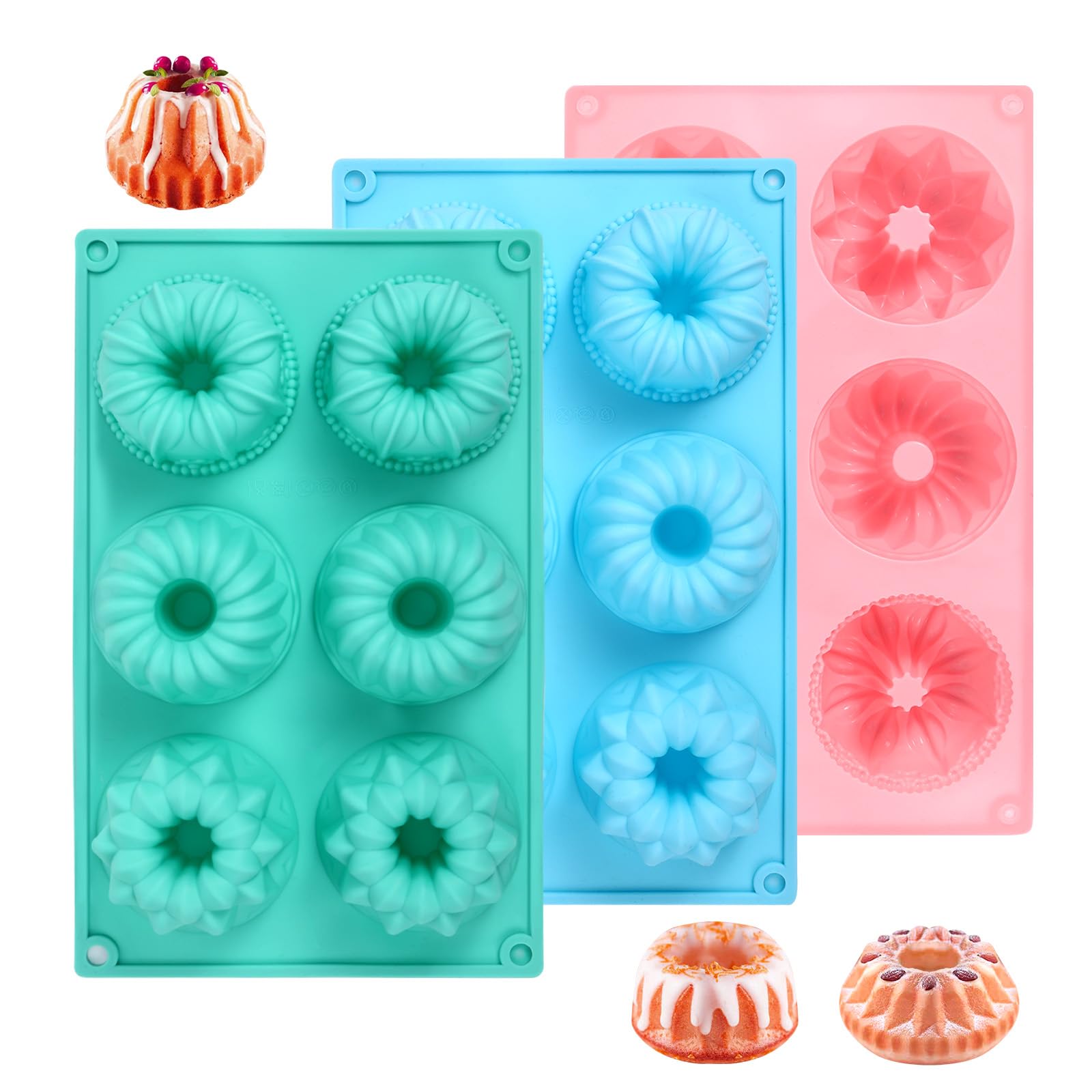 3PCS Mini Bundt Cake Pans for Baking, Non-stick 6 Cavity Silicone Bundt Cake Pan Molds, Multipurpose Molds for Cupcakes Brownies Jellies with Even