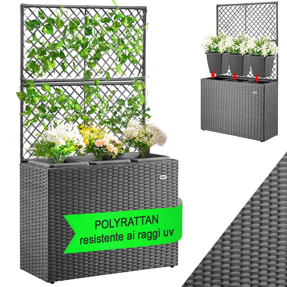 BAKAJI Jardinière à treillis en polyrotin, 3 pots amovibles, conteneurs pour plantes, potager vertical d'extérieur, design résistant aux rayons UV, jardin, balcon, terrasse, plante grimpante (gris)