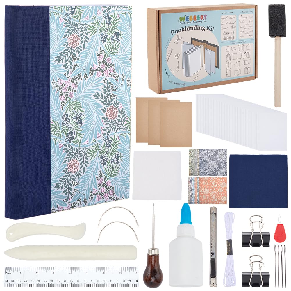 WEBEEDY DIY Buchbinden Starter Set Bereit Ihre Eigenen Notizbücher Mit Blumenmotiven Und A4 Papieren Zu Erstellen Falzbeine Stoff Buchumschlag Und Buchbindewerkzeuge Zurück Zur Schule