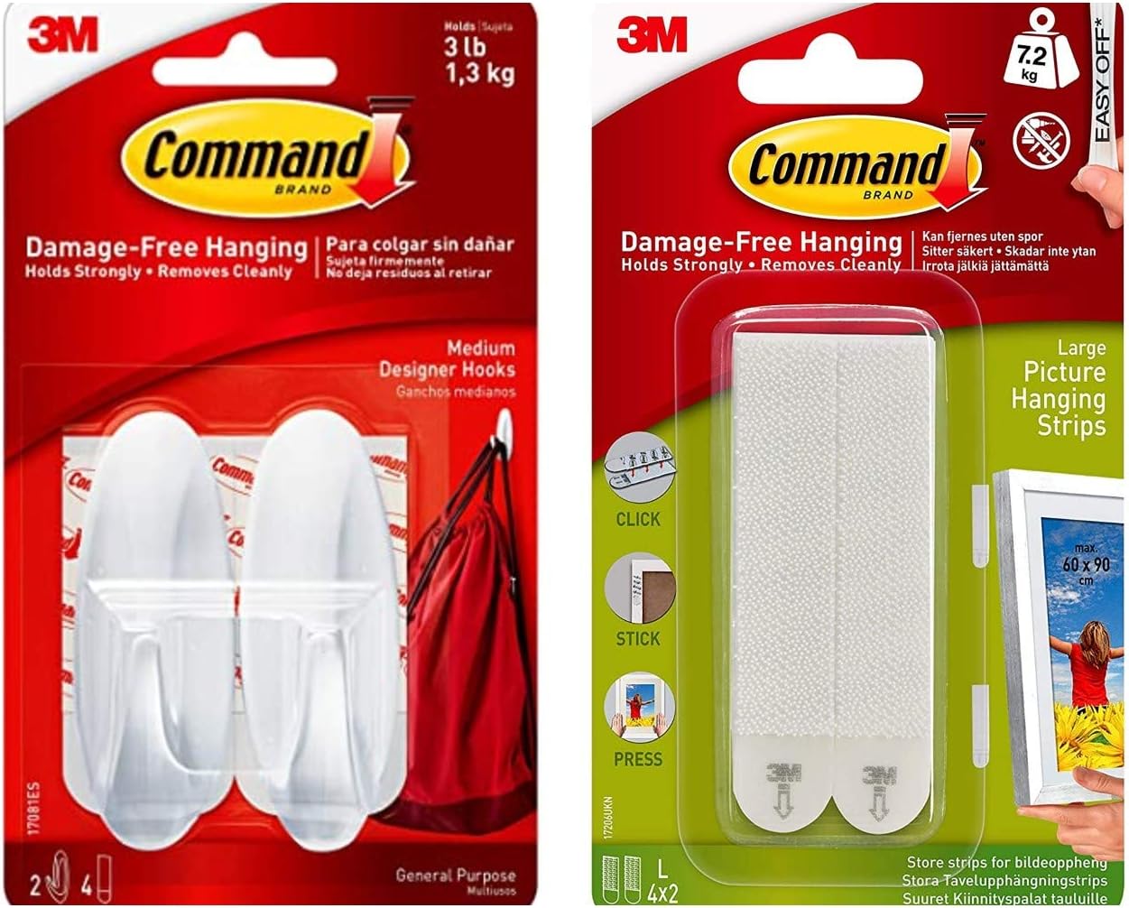 Command Medium Wall Hooks (2) and Large Picture Hanging Strips (4