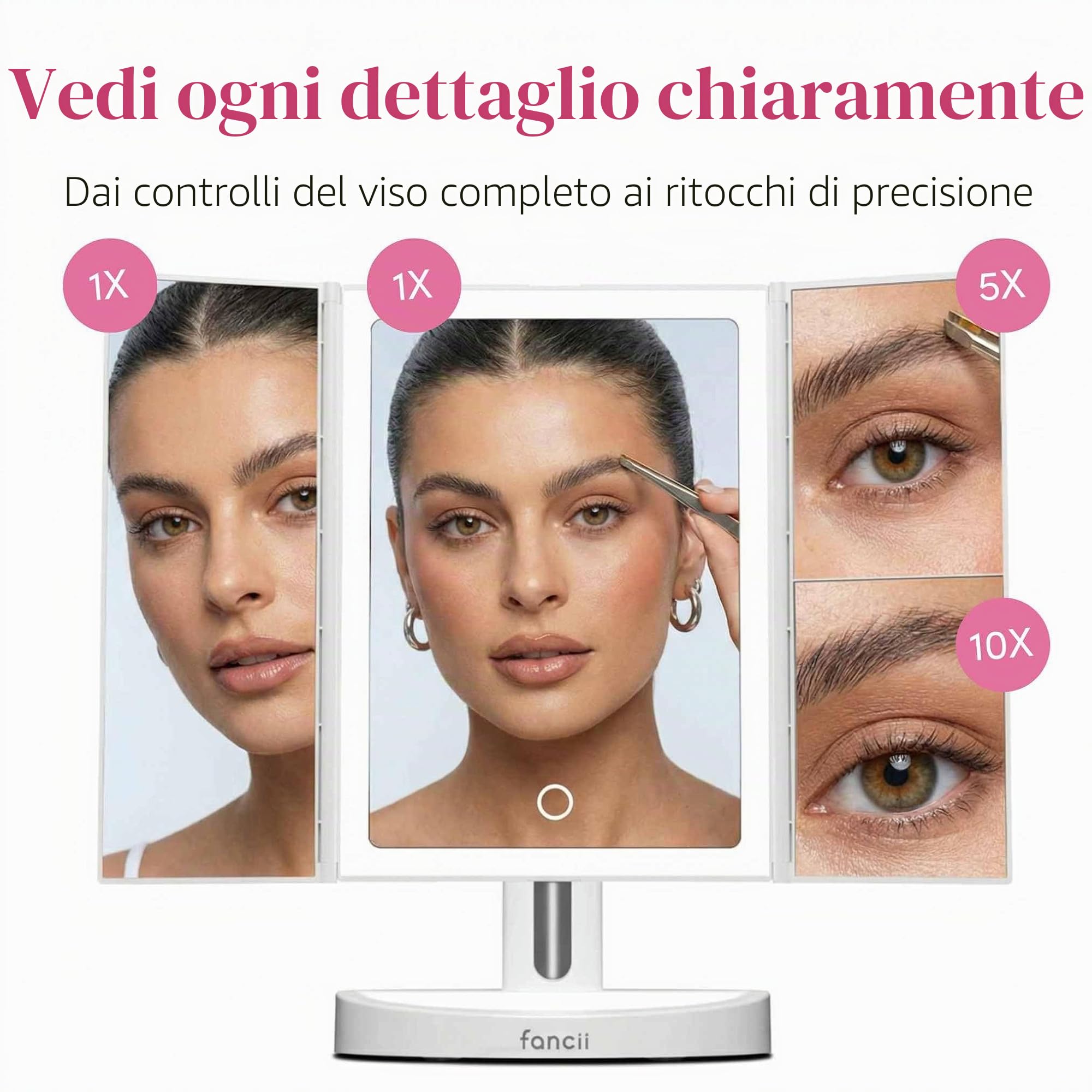 Fancii Specchio per il Trucco con Luci LED, 10x /5x/1x Ingranditore, Ricaricabile - 68 Dimmerabile Luci, Touch Screen, Specchio da Tavolo Regolabile, Supporto Cosmetico, Tria 2