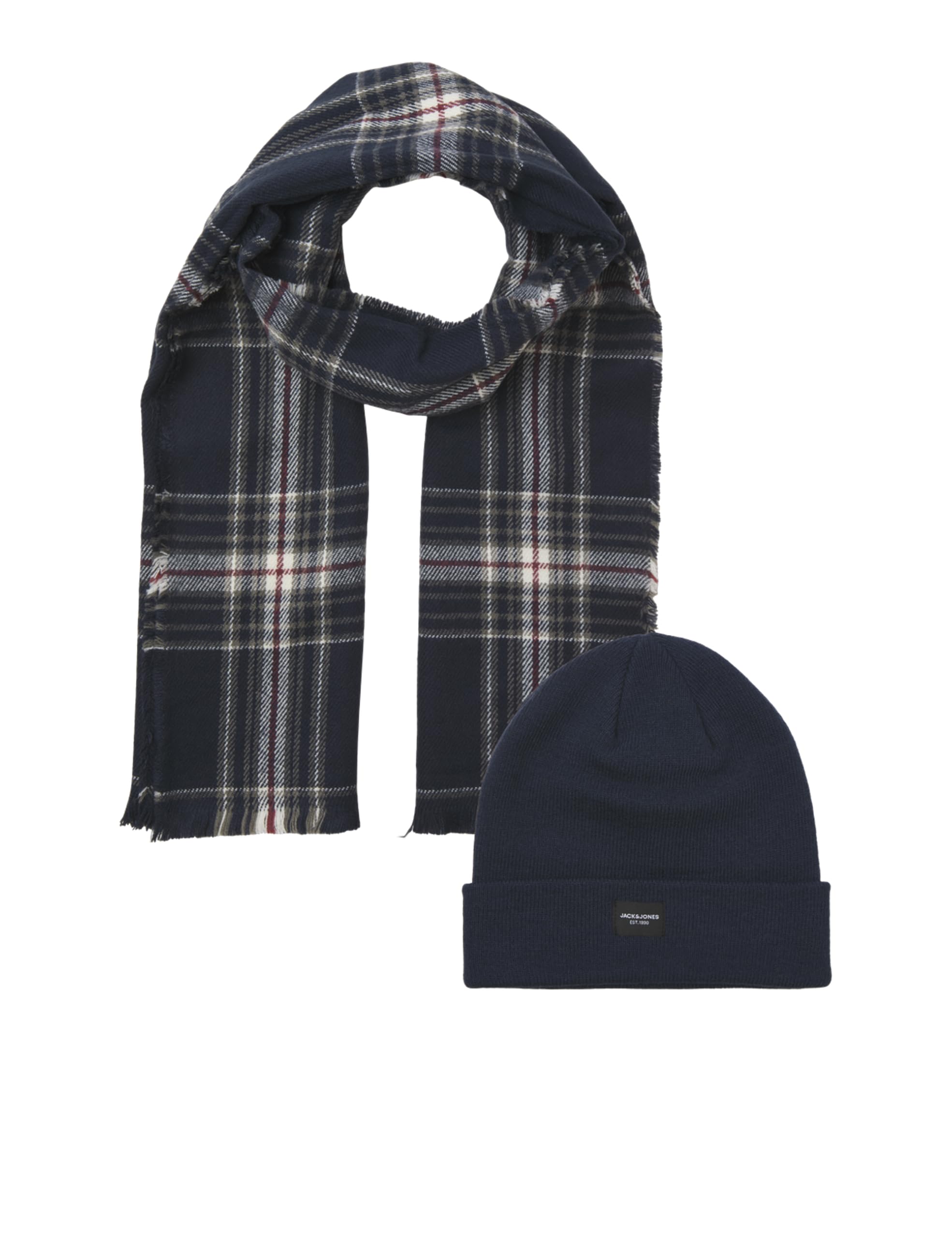 JACK & JONES Men's Jacfrost DNA Beanie and Scarf Giftbox Hat, Oxblood Red/Pack:Navy Blazer Beanie, One Size