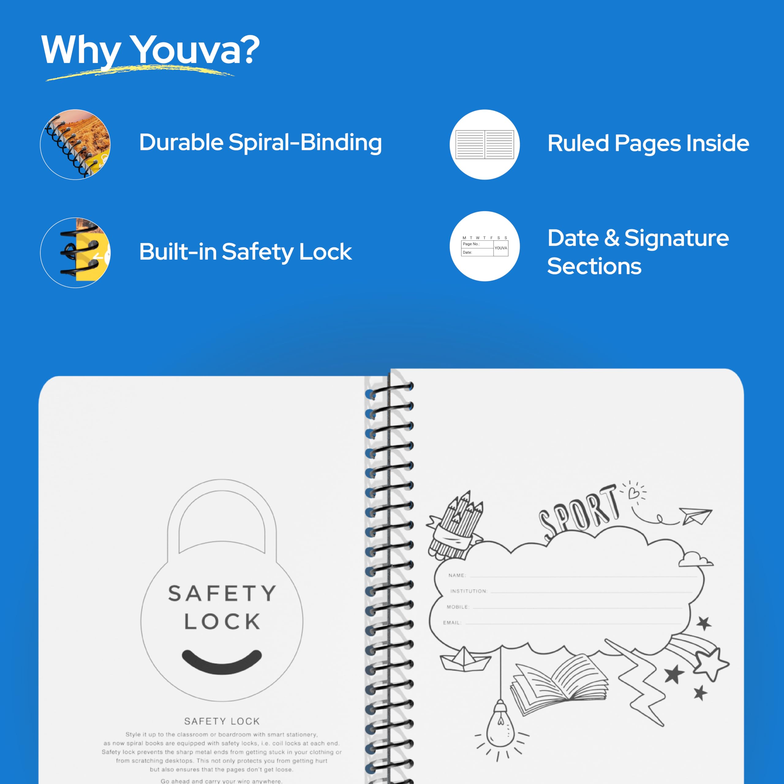YOUVA Navneet|Spiral Long Book For Students And Executives|Spiral Bound With Safety Lock|A4 Size -21 X 29.7 Cm|Single Line|400 Pages|Pack Of 1 3