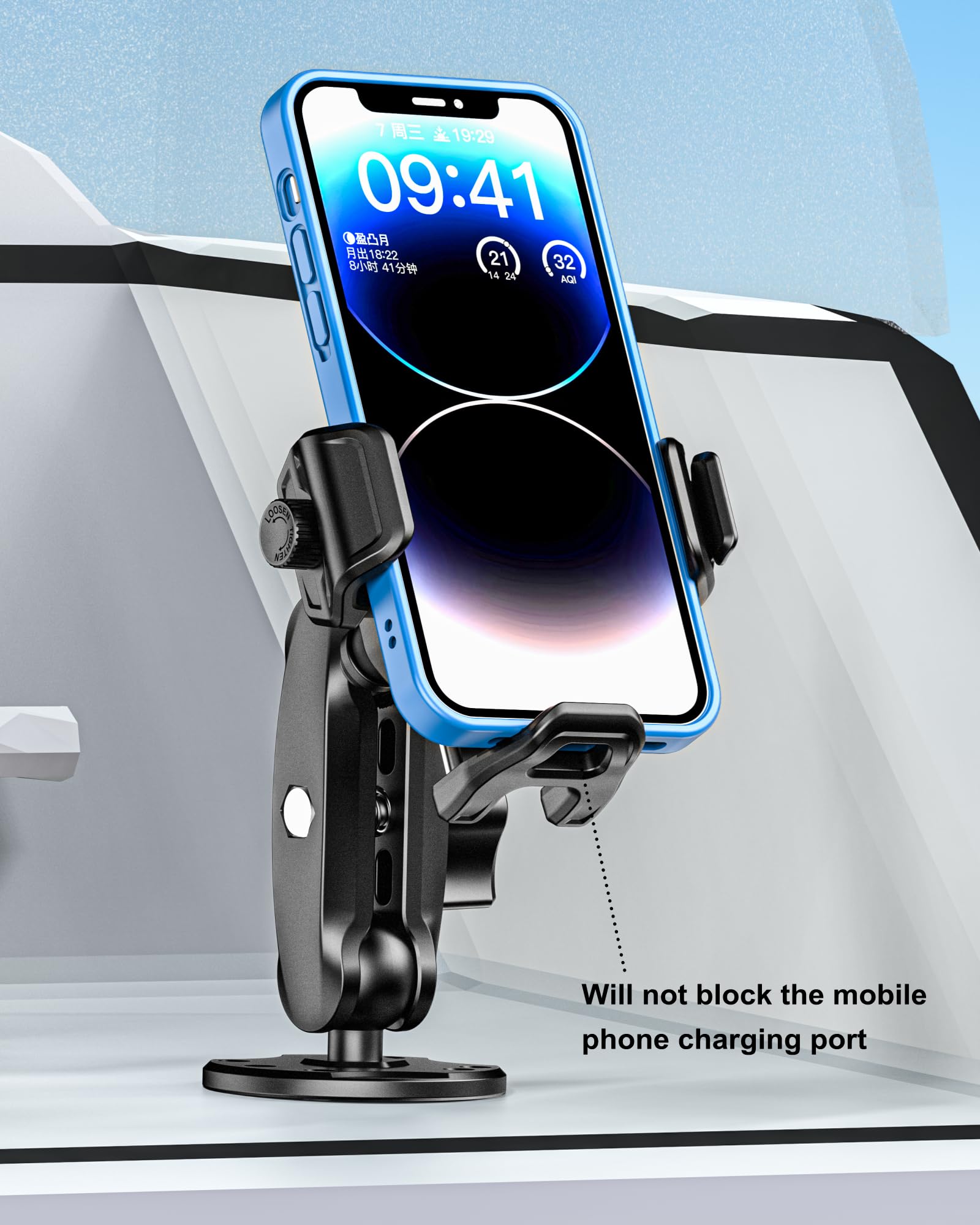 BRCOVAN Supporto per telefono con smorzatore di vibrazioni e interruttore di blocco 1s, supporto per cellulare di dimensioni regolabili con base rotonda e braccio medio in lega di alluminio per auto,