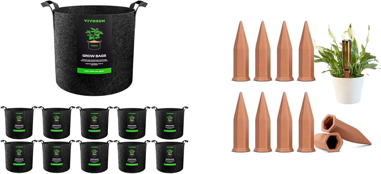 VIVOSUN 10-Pack 3 Gallon Grow Bags and 10Pcs Self-Watering Spikes, Hexagonal Terracotta Watering Stakes, Auto-Water Device, Planter Insert for Indoor & Outdoor Potted Plants, 10-Pack