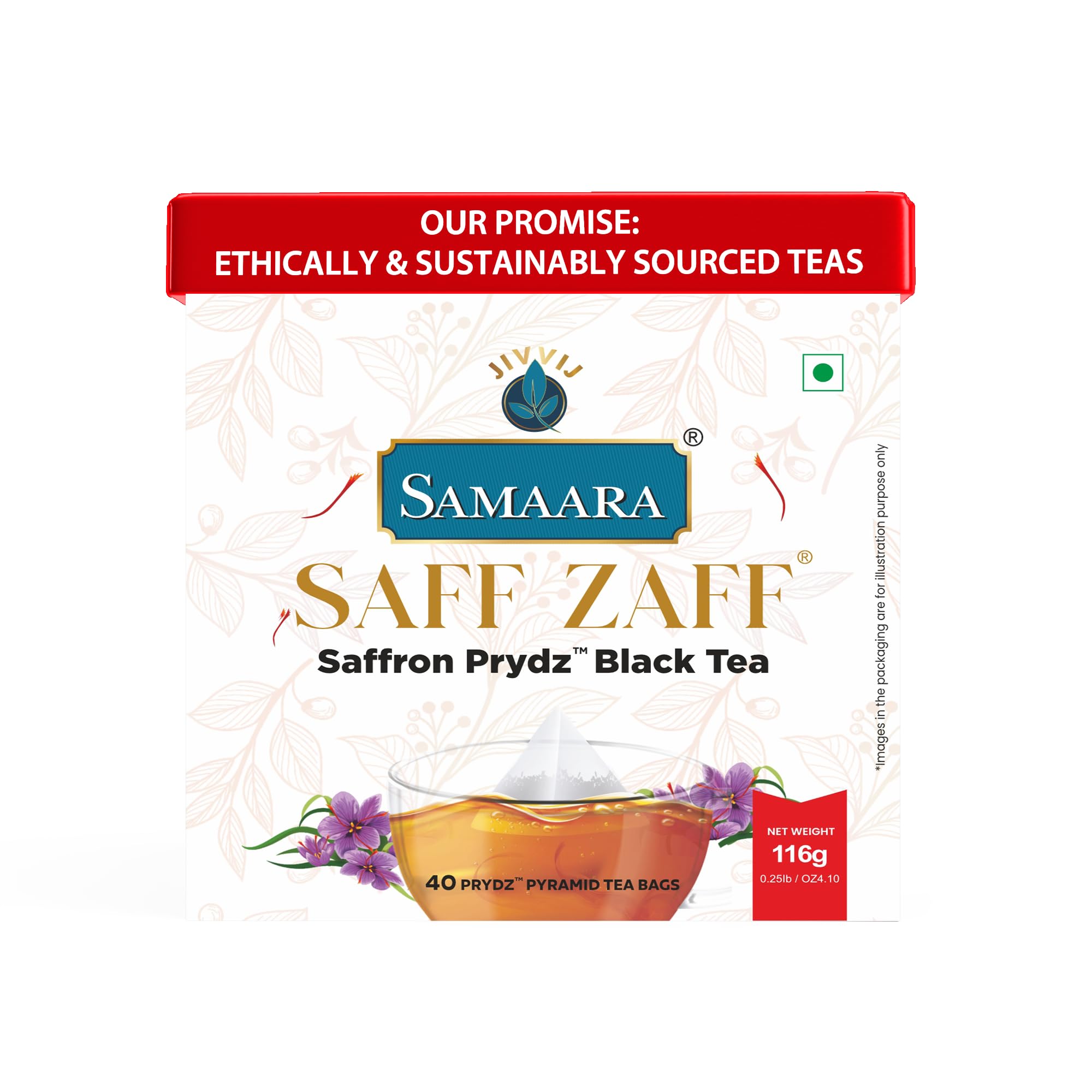 Samaara Saffron Prydz 40 Tea Bags | Flavoured CTC Assam Black Leaf Tea | Kesar Chai Patti Powder | Saff Zaff Box