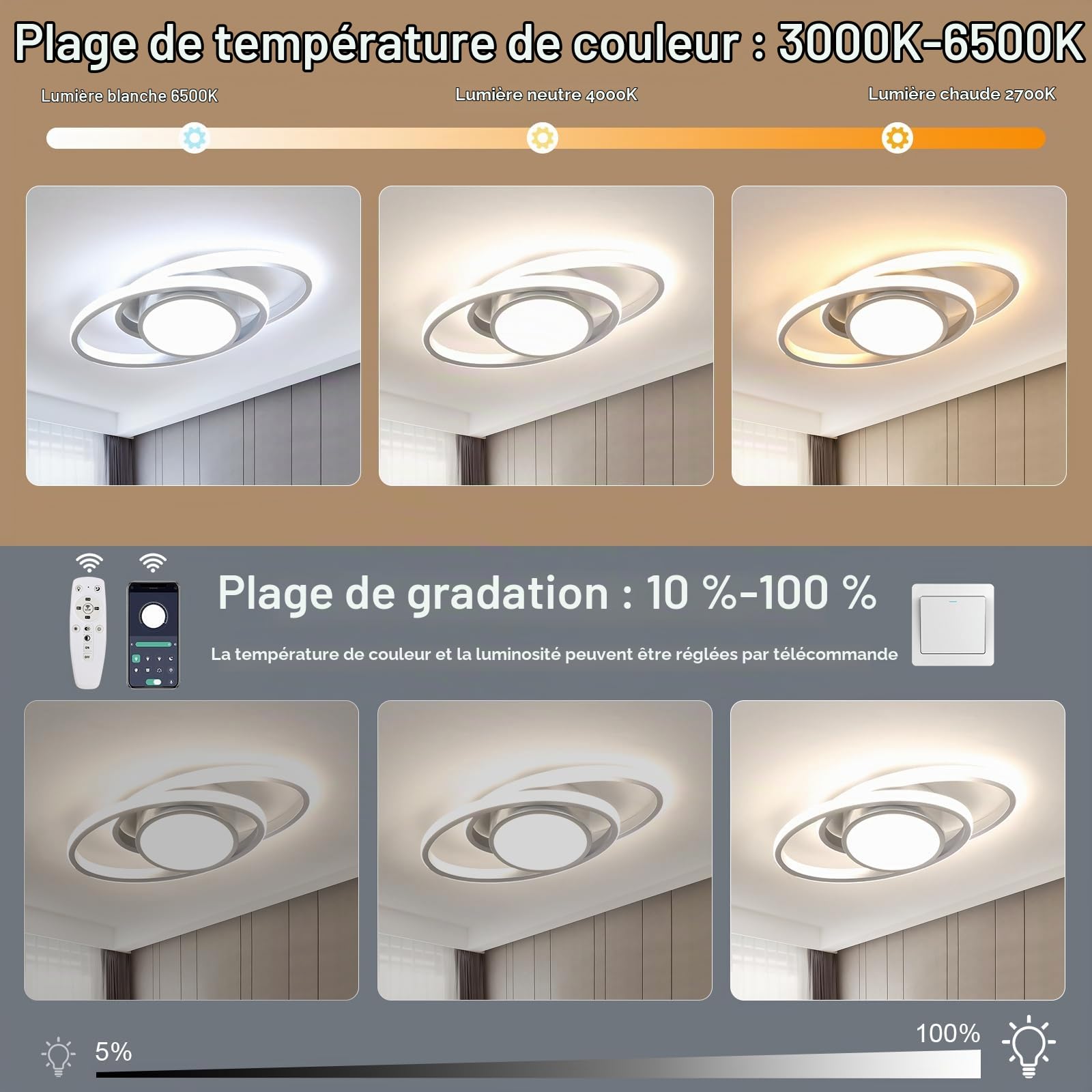 39W 4387LM Plafonnier LED Dimmable 3000K-6500K Rond Argenté 38.5CM