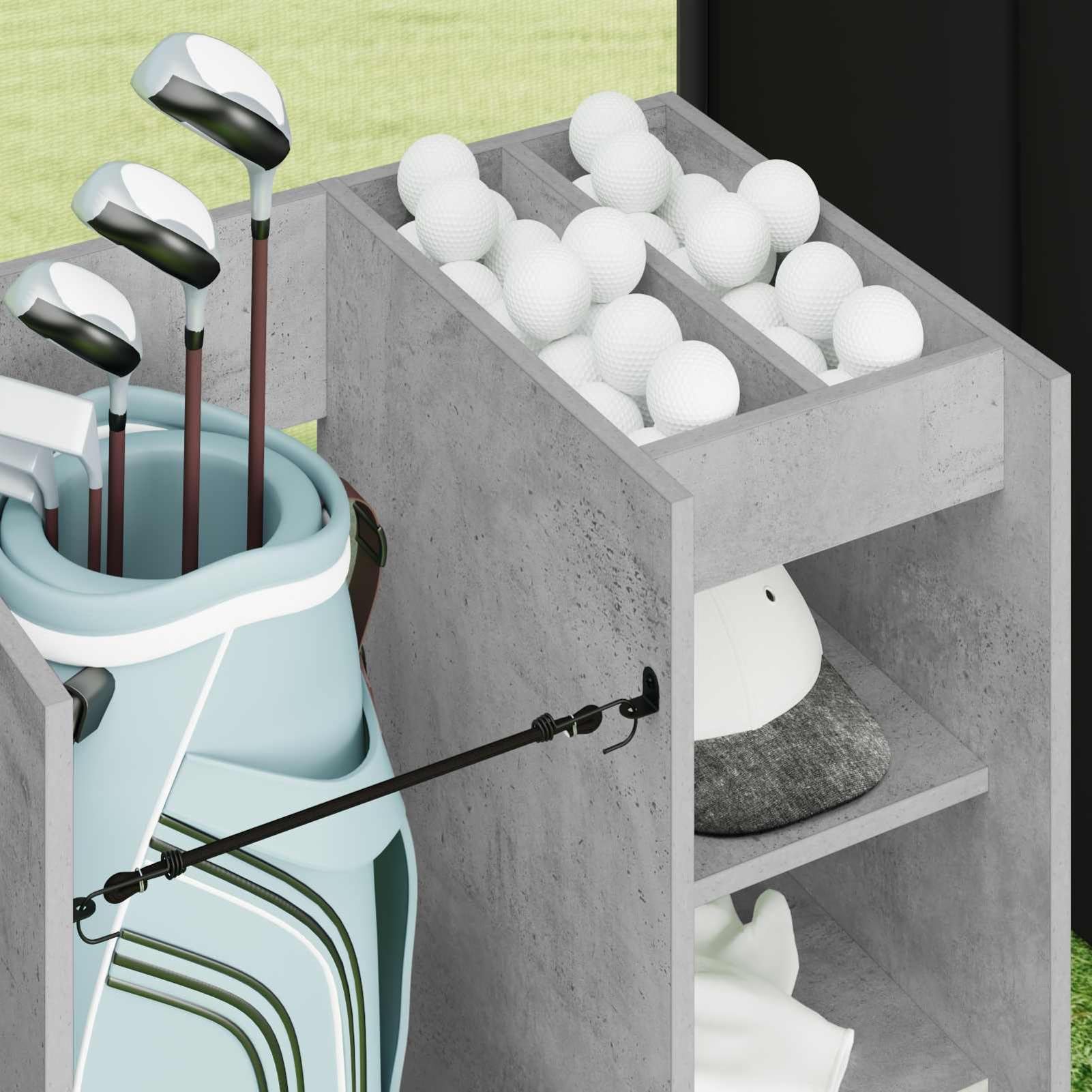 Gecheer Golfschrank mit Rädern, Aufbewahrungsschrank für Golfzubehör, 65 x 45 x 98 cm, Holzschrank mit Metallrückwand, freistehende Regale, für Garage oder Wohnraum