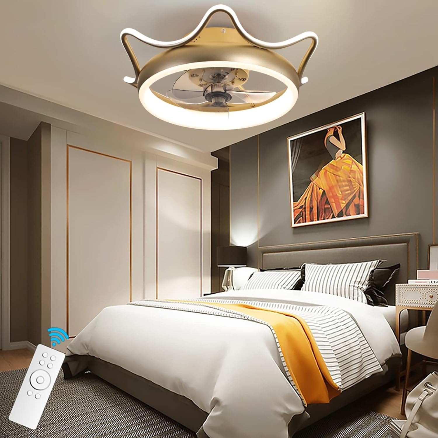 HXYSXHJUO Ceiling fan light Krone and Remote Control Quiet LED Dimmable 6 Speeds Reversible Bedroom Gold