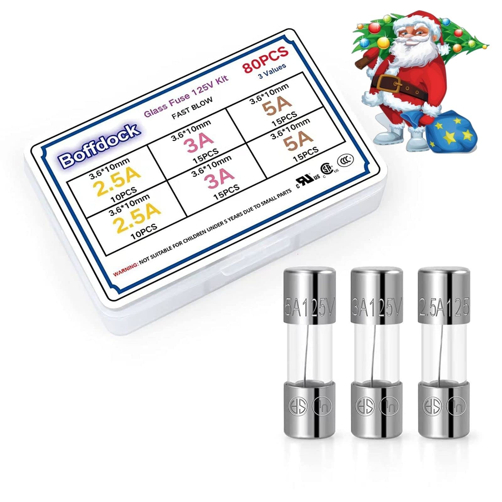 80PCS 125V 0.14 x 0.39" Fast Blow Fuse Assorted Kit-F2.5AL125V F3AL125V F5AL125V Quick Blow Fuse,3.6x10mm Mini Fuse Assortment Kit for String Lights, Christmas Lights,Bubble Light Strand