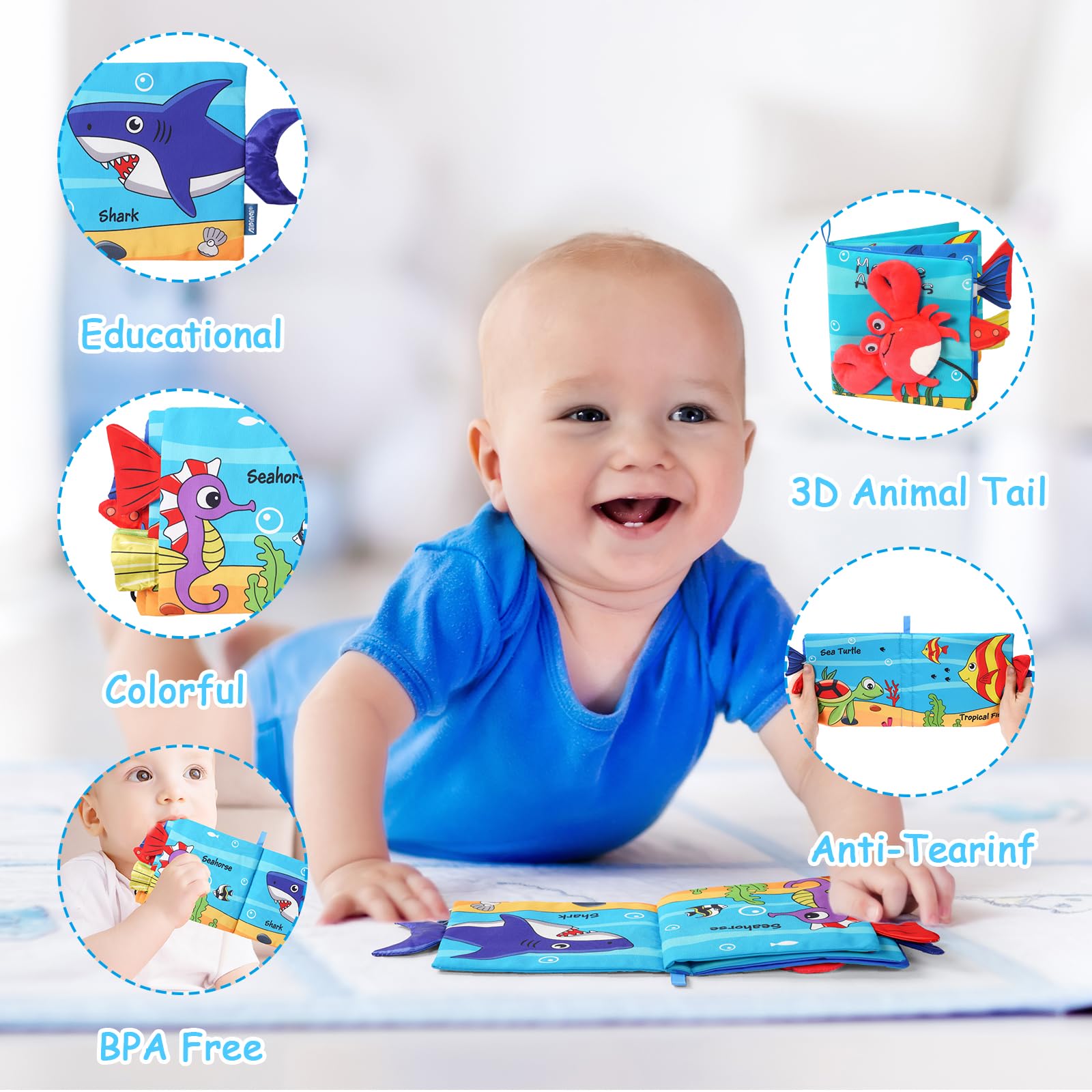 Vicloon Libro di Stoffa, 4 Pagine Interattivo, in Tessuto Morbido, per Bambini con Suono BB, Sensoriali Giochi Neonato Giocattoli Educativi, Granchio