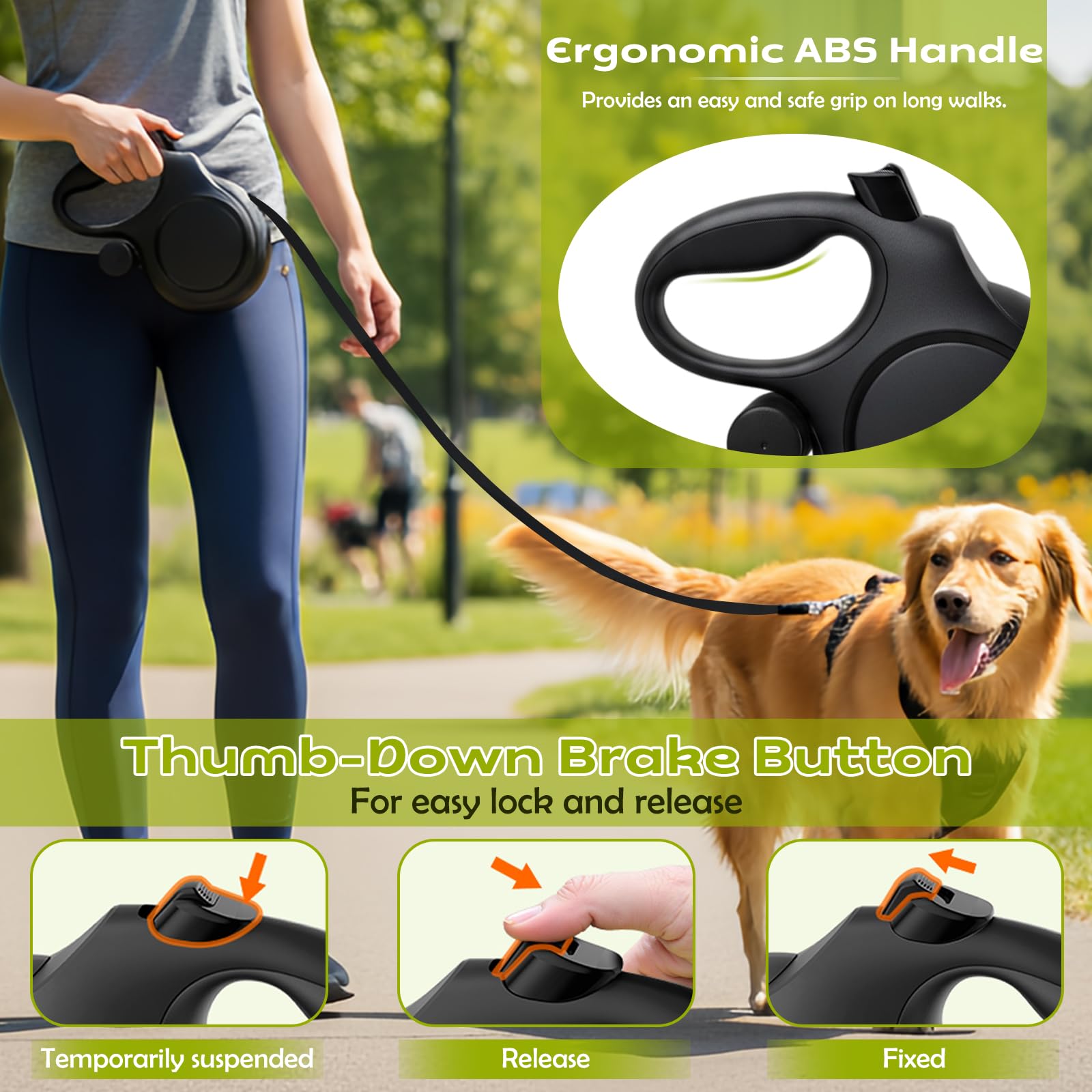 Correa Perro Extensible 8 Metros, 360°Antienredos, Mango Ergonómico, Correa Retráctil con Bolsas Higiénicas y Portabolsa, para Perros Pequeños, Medianos y Grandes hasta 50Kg (Negro, 8m)