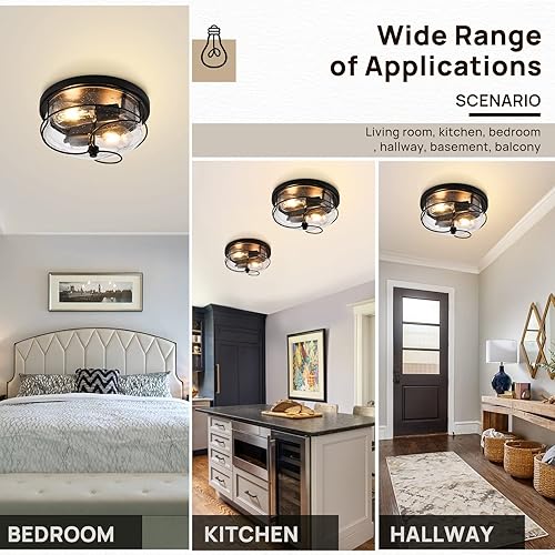 Miniatura 6 de Lámparas de techo de montaje empotrado, 2 luces cerca del techo con pantalla de vidrio sembrado, accesorios de luz negros para techo, para pasillo,