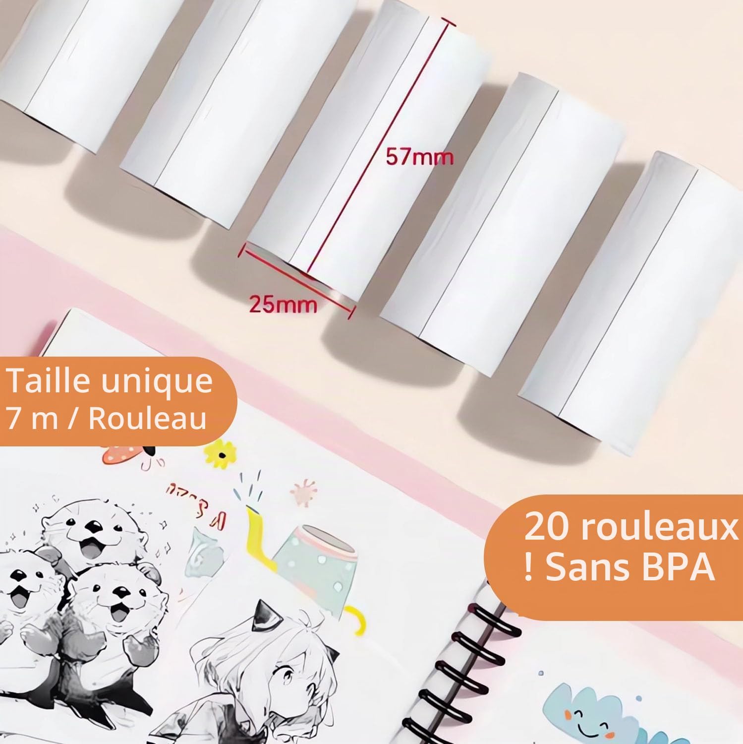 Rouleaux de papier d'impression pour appareil photo enfants 5,7 x 2,5 cm x 7 m lot de 20
