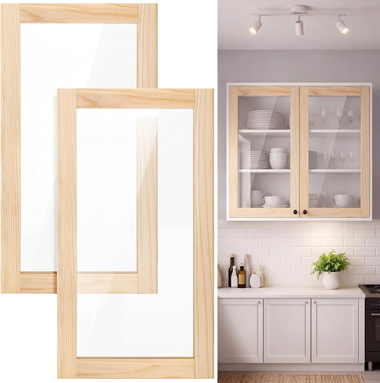 Cinnvoice 2 Pcs 15.5'' W x 29'' H Unfinished Pine Kitchen Cabinet Door Replacement with Clear Window Wood Shaker Door Front Replacement for Kitchen, Bathroom, Vanity Closet