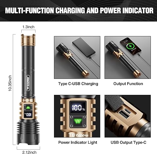Miniatura 4 de WdtPro Linternas LED recargables de alto lúmenes, linterna recargable súper brillante de 90000LM con pantalla LCD, 5 modos y potente linterna de