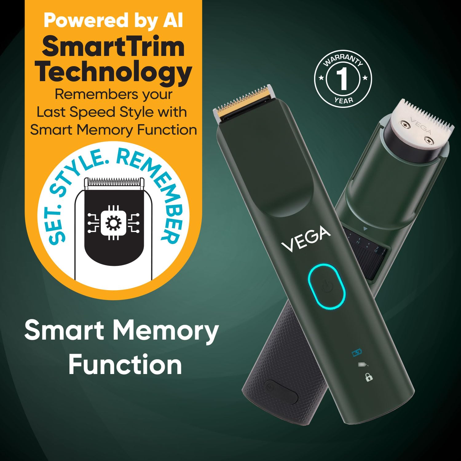 Vega SmartOne S3 - Regolabarba da uomo, durata 160 minuti, impermeabilità IPX7 e 40 impostazioni di lunghezza, verde, (VHTH-36)