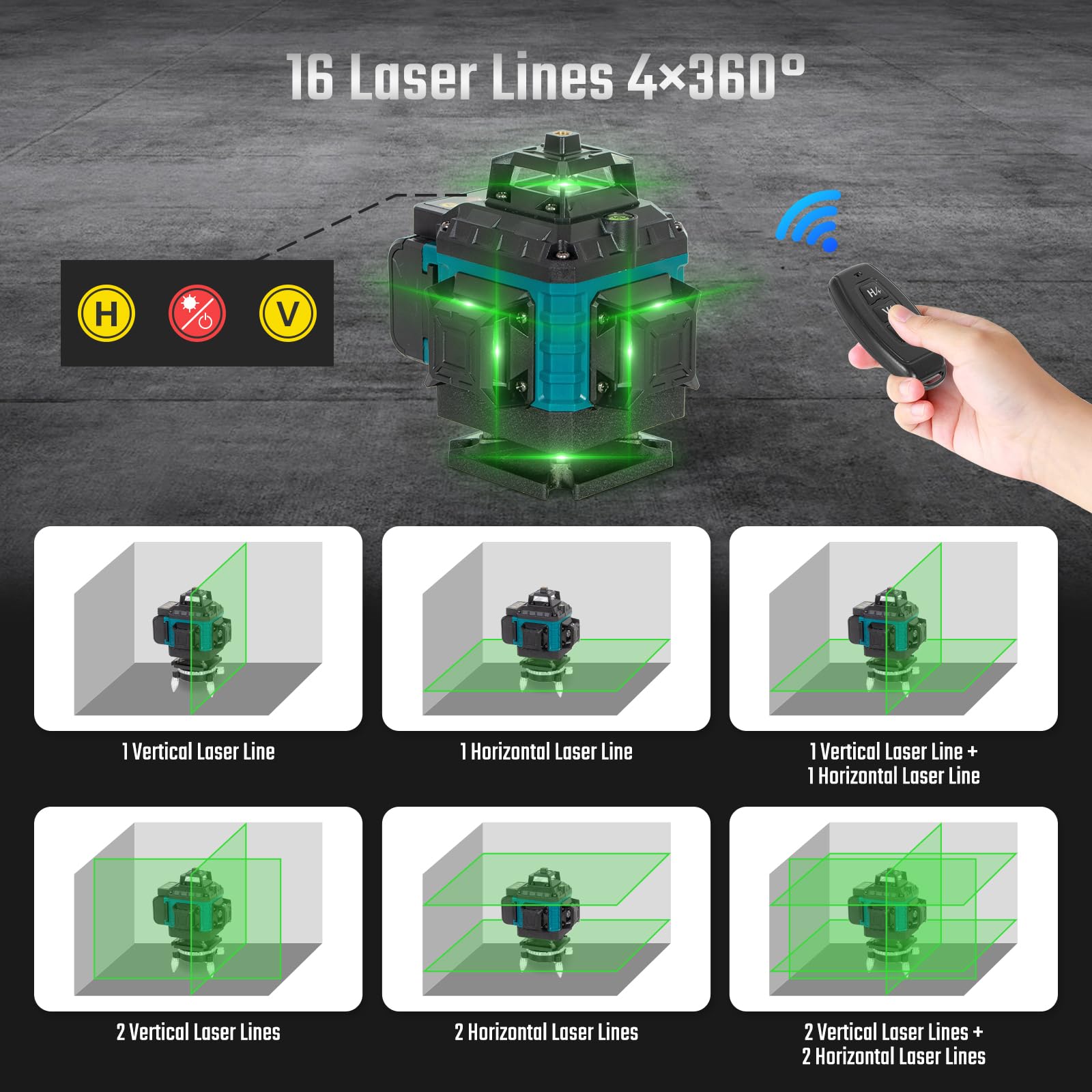 Todeco Laser Chantier Niveau Laser 4 x 360° 4D 16 Lignes Auto-Nivelant | Mode Impulsion ExtéRieur, avec 2 x 3000mAh Batterie & Affichage LED, Télécommande et Trépied, Étanche et Anti-Poussière