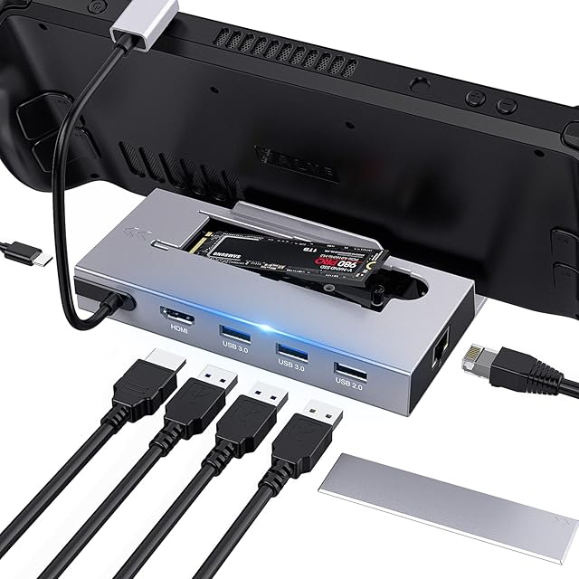 Stacja dokująca M.2 Steam Deck Dock, 7 w 1 Steam Deck Stacja dokująca z gniazdem na kartę 2 TB M.2 HDMI 2.0 4K 60Hz, 1000 Mbps Ethernet, 2 porty USB 3.0, port USB 2.0 i szybkie ładowanie 100 W PD