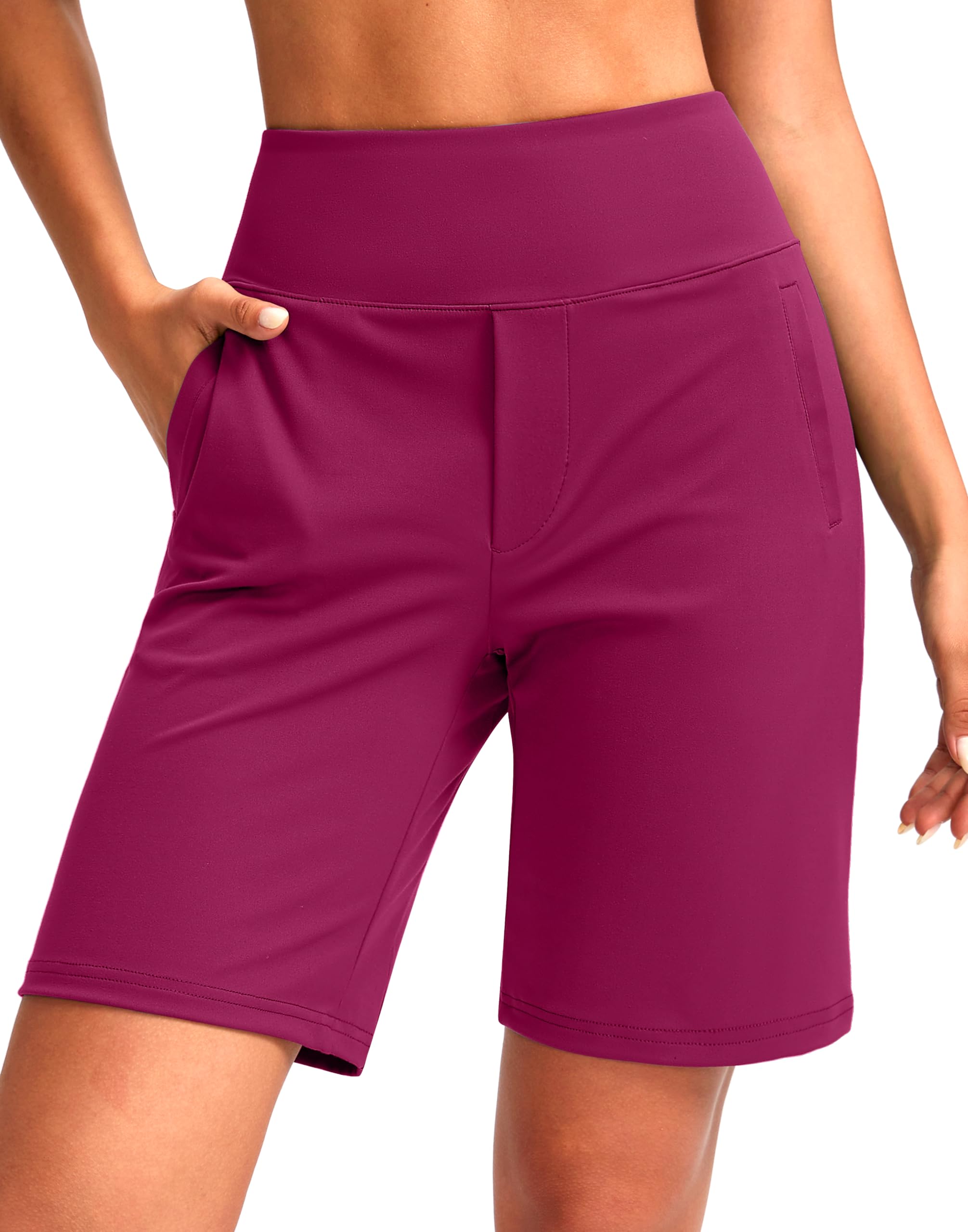 SANTINY Women's 9" High Waisted Bermuda Shorts with 4 Pockets Knee Length Long Shorts for Women Workout Athletic Casual