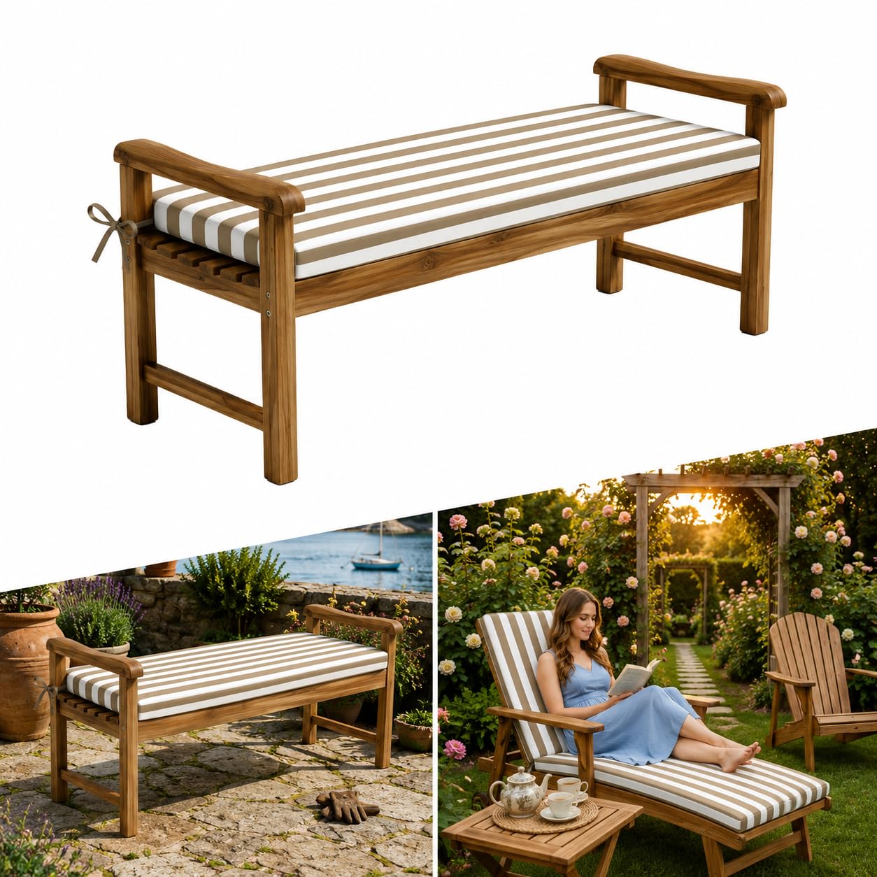 AZMAHT Waterproof Garden Bench Cushion Outdoor Furniture Cushions 2 3 4 Seater Garden Cushions 5cm Thick Bench Seat Pad with Straps & Removable Cover for Patio Swing Seat Sofa,hazel stripes,140x45x5cm
