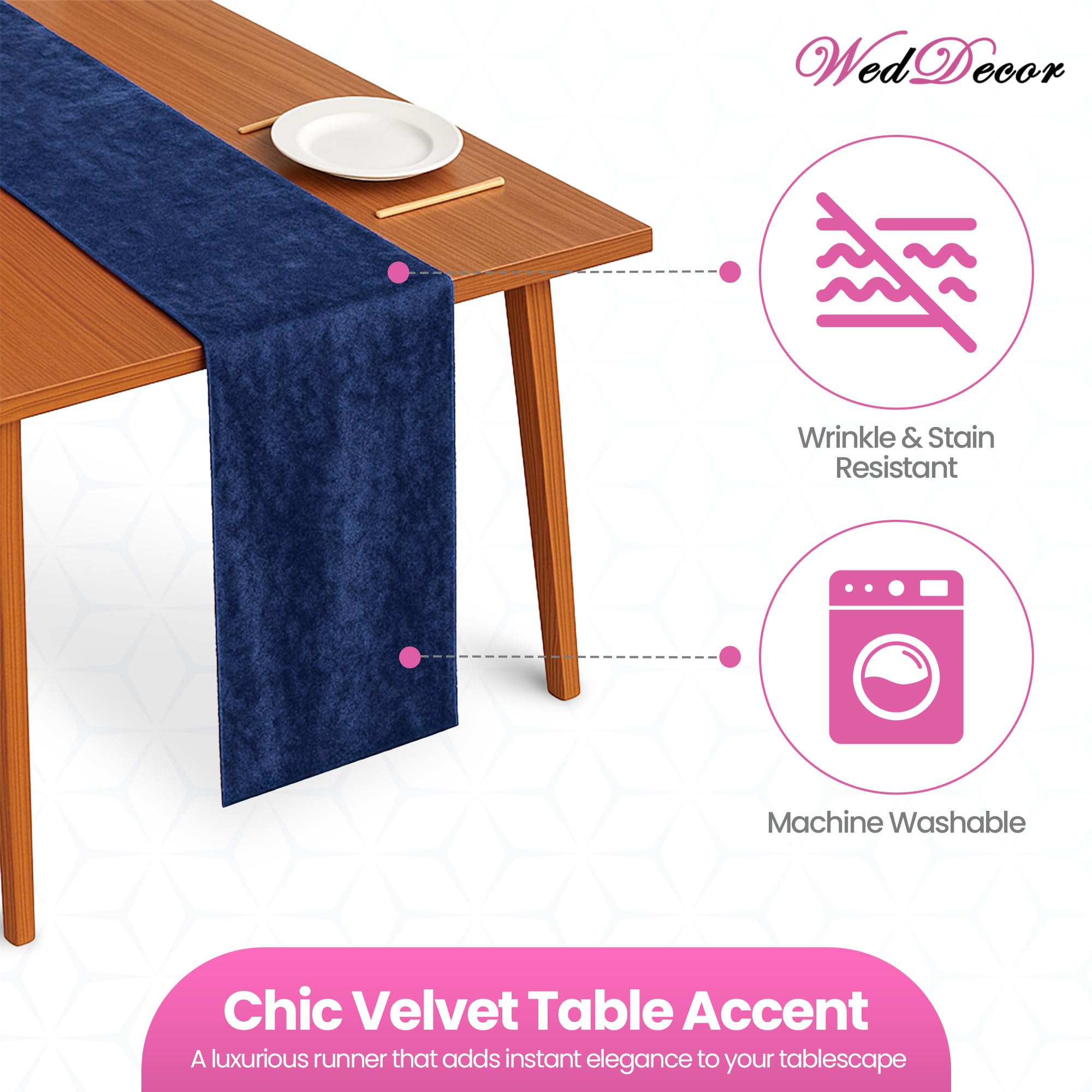 WedDecor Chemin de table en velours écrasé doux lavable pour mariage, cuisine, anniversaire, réception, banquet, Noël et dîner - 33 x 274 cm (bleu marine)