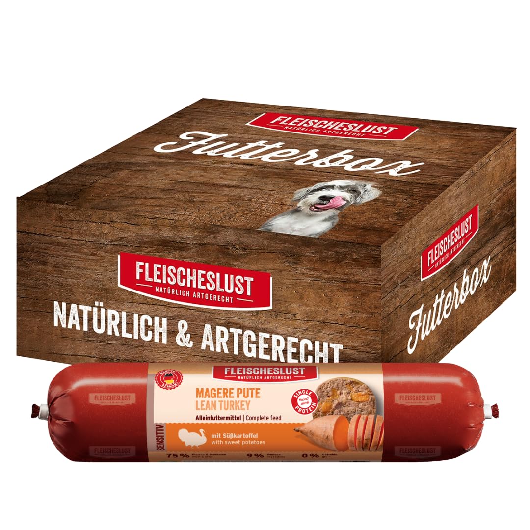 Fleischeslust Salchicha para perros, pavo magra con batata, caja de comida (6 x 800 g), sensible, comida húmeda, resistente a los cortes, sin cereales, pienso completo para perros adultos