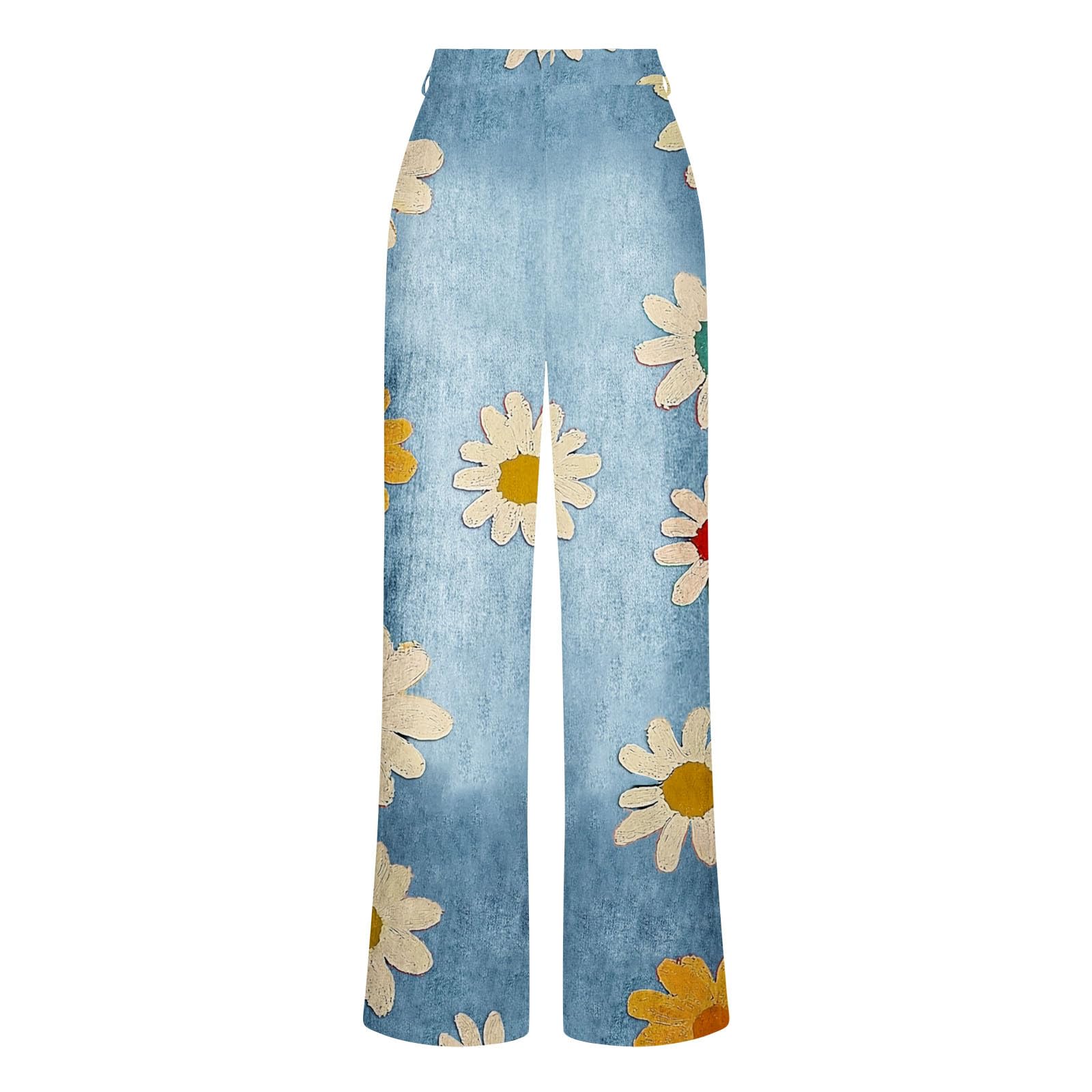 Pantalon Évasé Femme Imprimé Marguerite Bouton Fermeture Éclair Poches