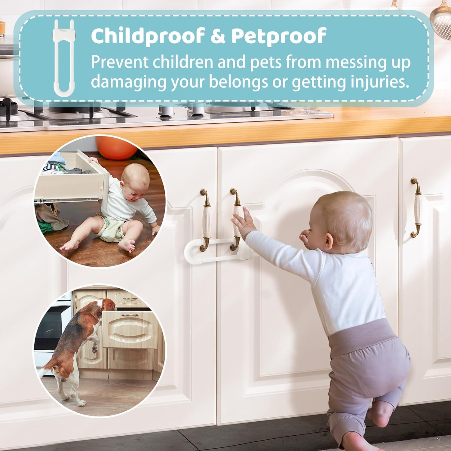 6 Pack Baby Safety Proofing Cabinets Locks, Adjustable U Shaped-Childproof Latch Cupboard Doors Knobs Kitchen, Drawer