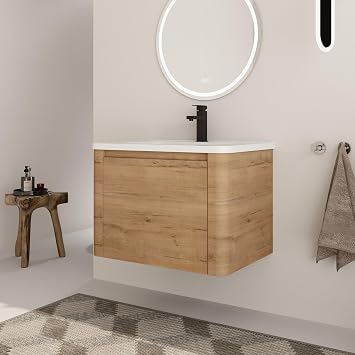 28 Inch Bathroom Vanity with Sink, 28" Floating Vanity Combo, Premium Plywood Bathroom Cabinet with Soft Close Door, Modern Wall-Mounted Cabinet Set, White Glossy Ceramic SinkOak