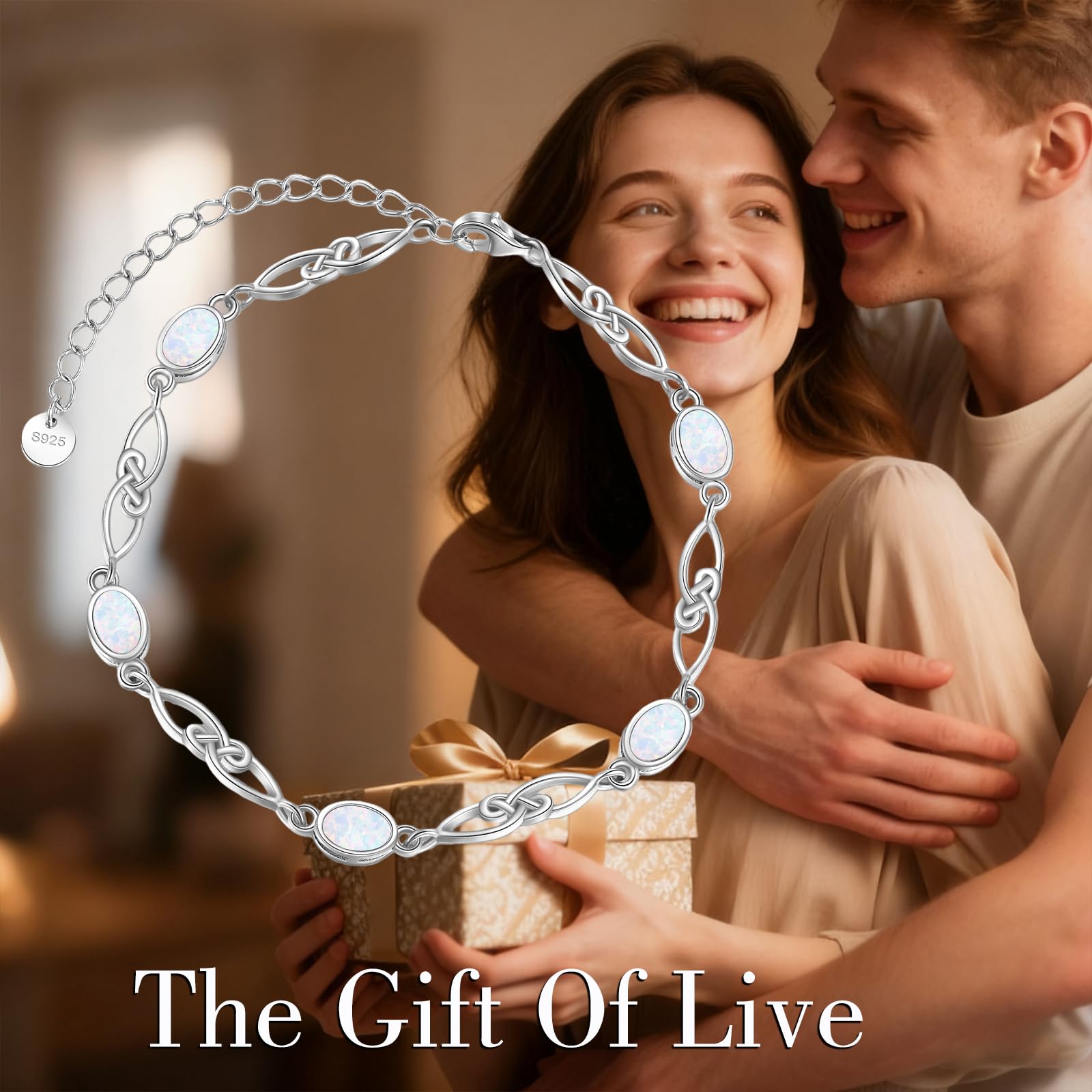 YAFEINI Pulsera de ópalo blanco de plata de ley 925 con ópalo infinito, joyería para mujer