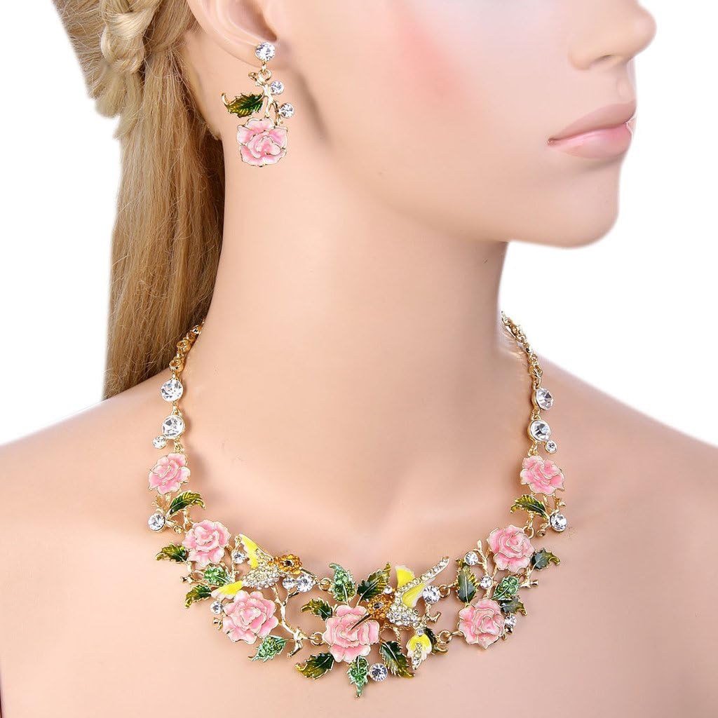 EVER FAITH Crystal Enamel Hummingbird Hibiscus Flower Leaf Necklace Earrings Set Gold-Tone