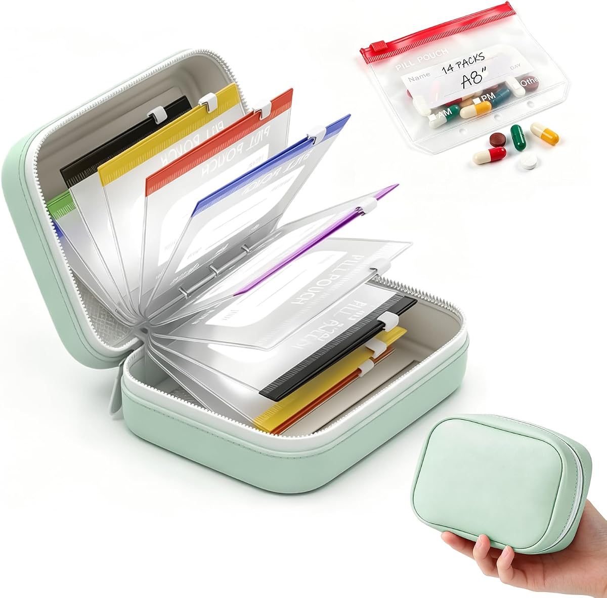 Juego de organizador de pastillas impermeable A8, con 14 bolsas codificadas por colores, pastilleros para viajes, estuche de almacenamiento reutilizable con cremallera a prueba de fugas, soporte compacto para pastillas diarias, organizadores de medicamentos de viaje