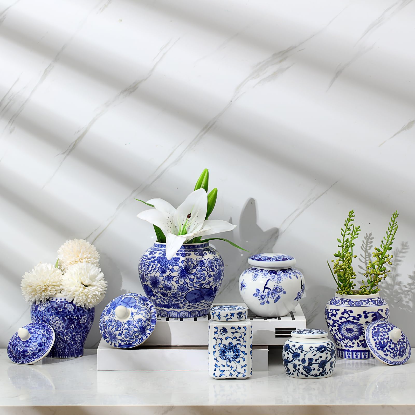Hushee Small Blue and White Ceramic Ginger Jars Porcelain Vases Blue Chinoiserie Vases Decor Porcelain Ginger Jars for Home Chinoiserie Decor for Bedroom Table Accent Shelf Tabletop(Novelty,6 Pcs)