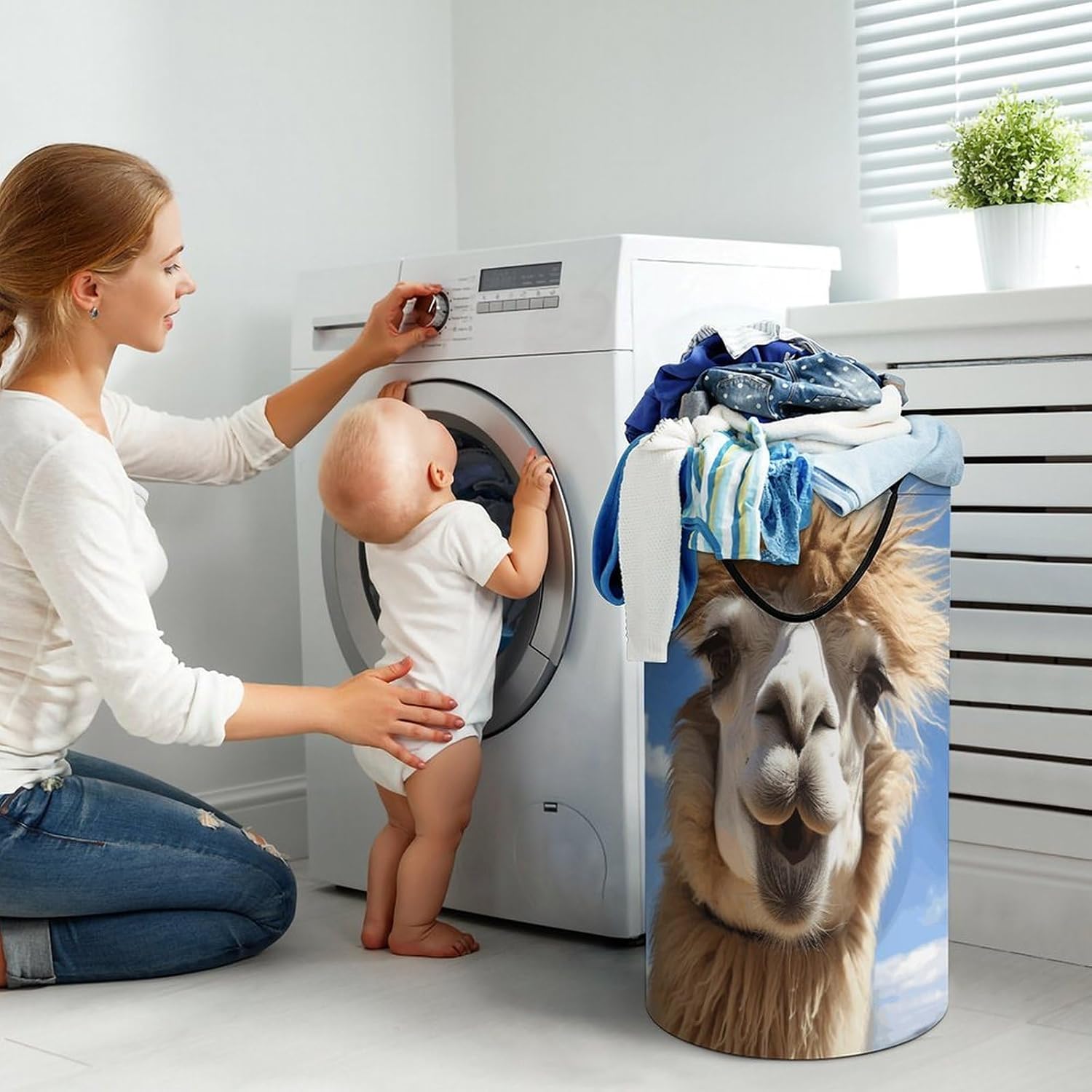 Funny Alpaca Llama Laundry Hamper with Handles Waterproof Collapsible Laundry Basket Large Lightweight Round Dirty Clothes Hamper for Home Dorm Bathroom Decor