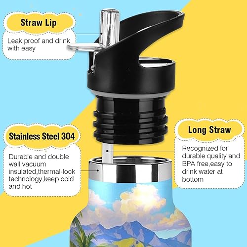 Miniatura 3 de Blue Summer Beach in Hawaii - Botella de agua aislada a prueba de fugas y sin BPA con pajilla, para bebidas calientes y frías, doble pared para