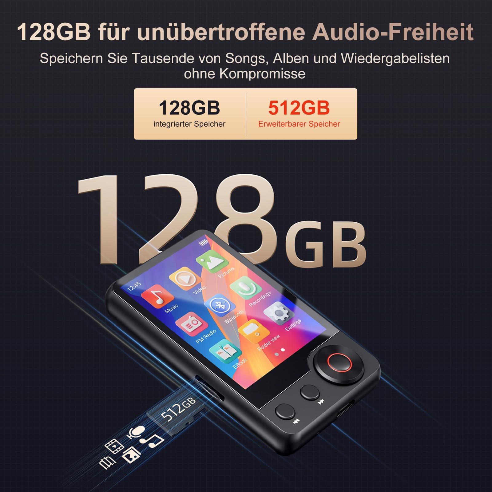 MECHEN 128GB MP3 Player mit Bluetooth 5.3, Dual Audio, 2,4 Zoll Touchscreen, Suchfunktion Verfügbar, Scrollrad, Video, FM Radio, Recorder