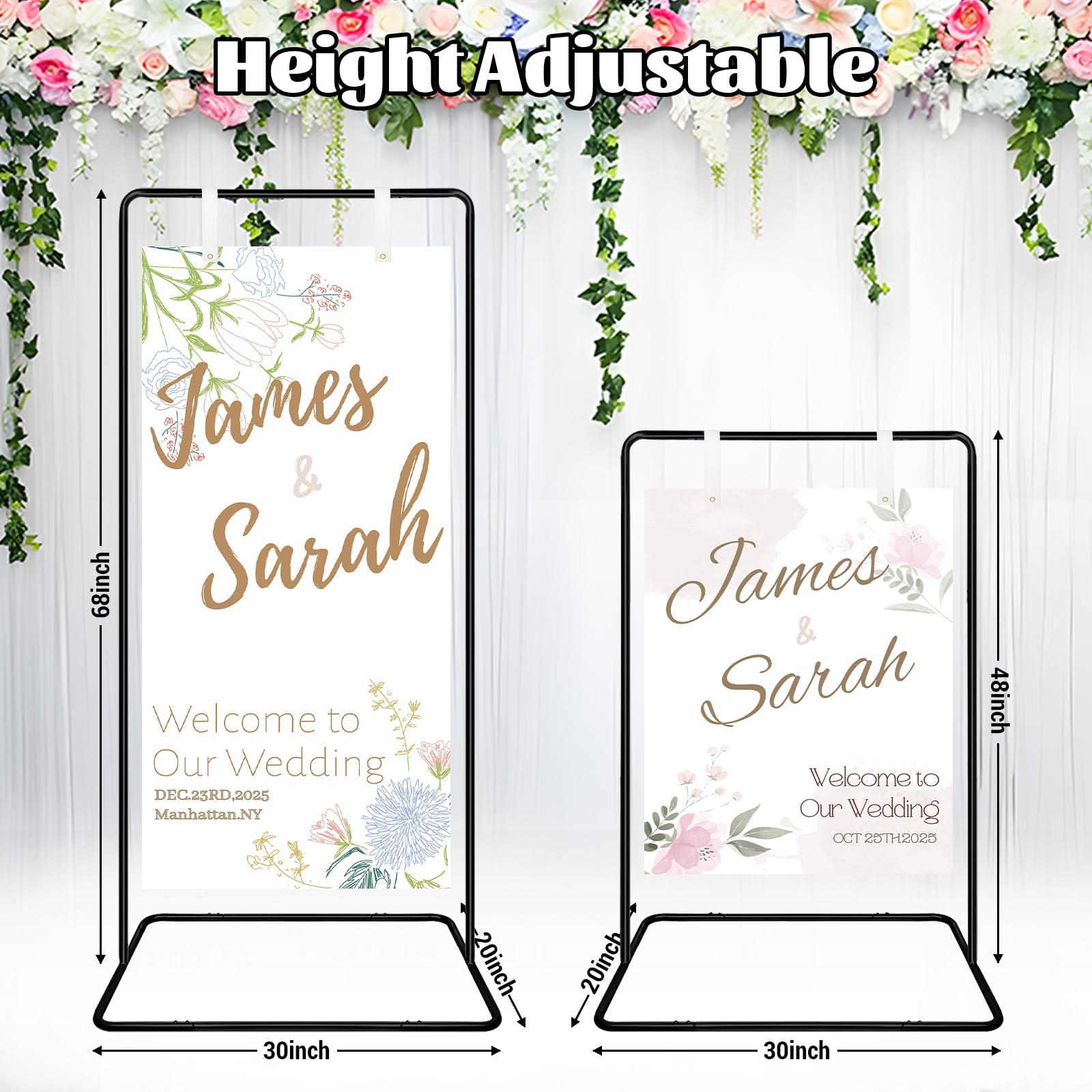 Jsngbse Adjustable Wedding Welcome Sign Stand, Welcome to Our Wedding Sign Holder Stand with 2 Pair Hanging Strap, Heavy Duty Metal Easel Stand for Sign Poster, Floor Standing Black Easels for Display