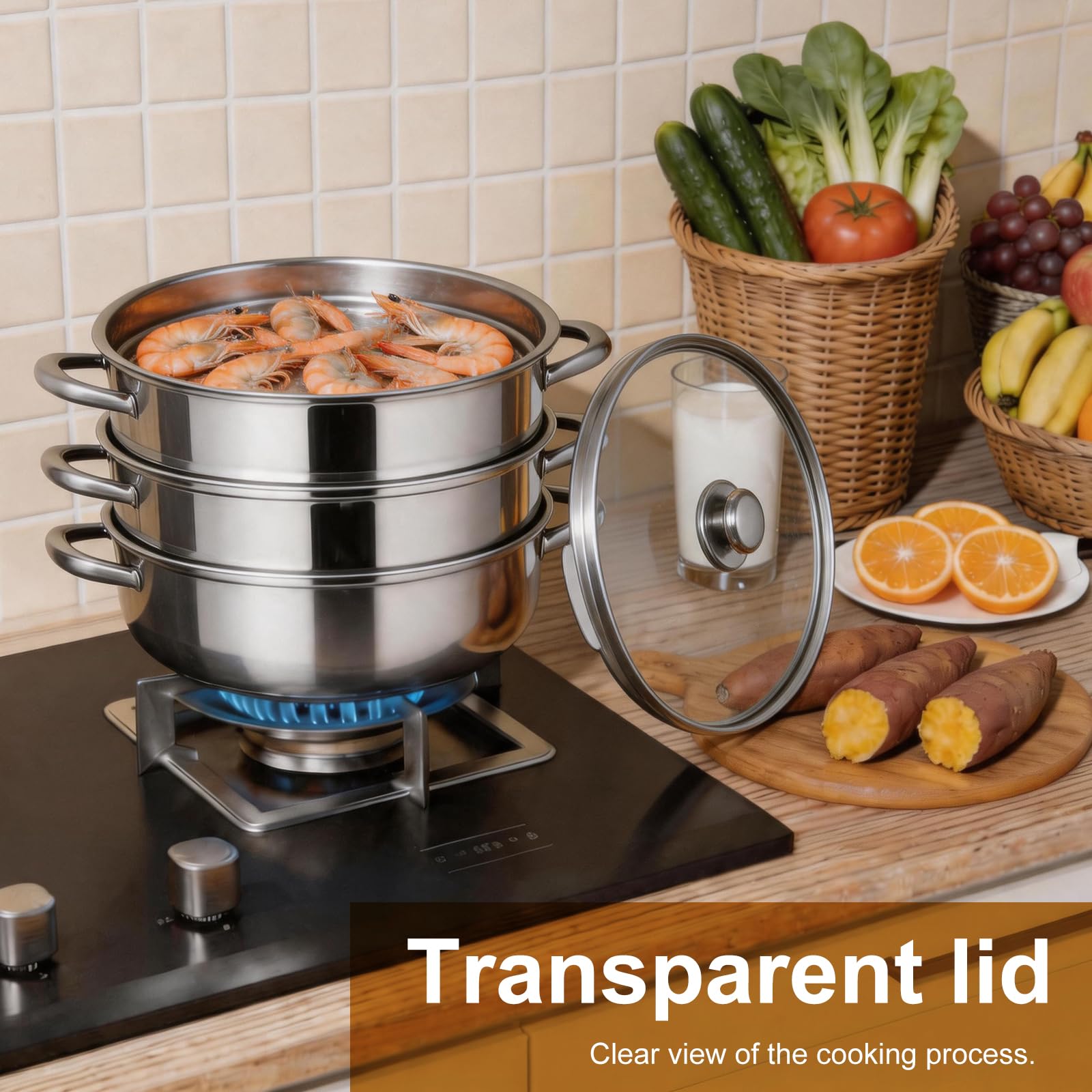 Cuiseur vapeur en acier inoxydable de 28 cm avec 3 inserts vapeur, couvercle en verre et pince à vapeur, pour tous les types de feux, pour la cuisson des légumes, des fruits de mer, des soupes, des