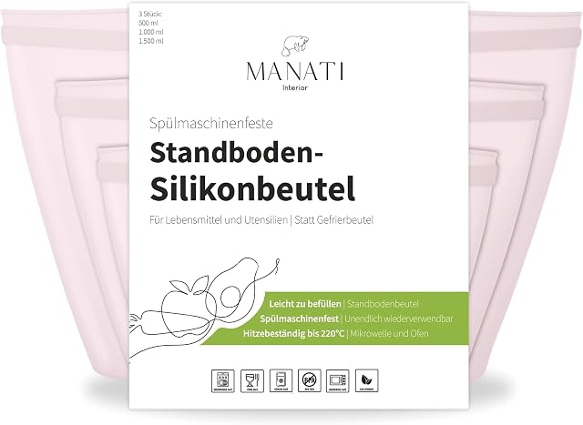 MANATI Interior Worki na zamek błyskawiczny, nadają się do mycia w zmywarce, zestaw 3 sztuk, nadają się do kontaktu z żywnością  worki do zamrażania, worki na przekąski, worki samolot