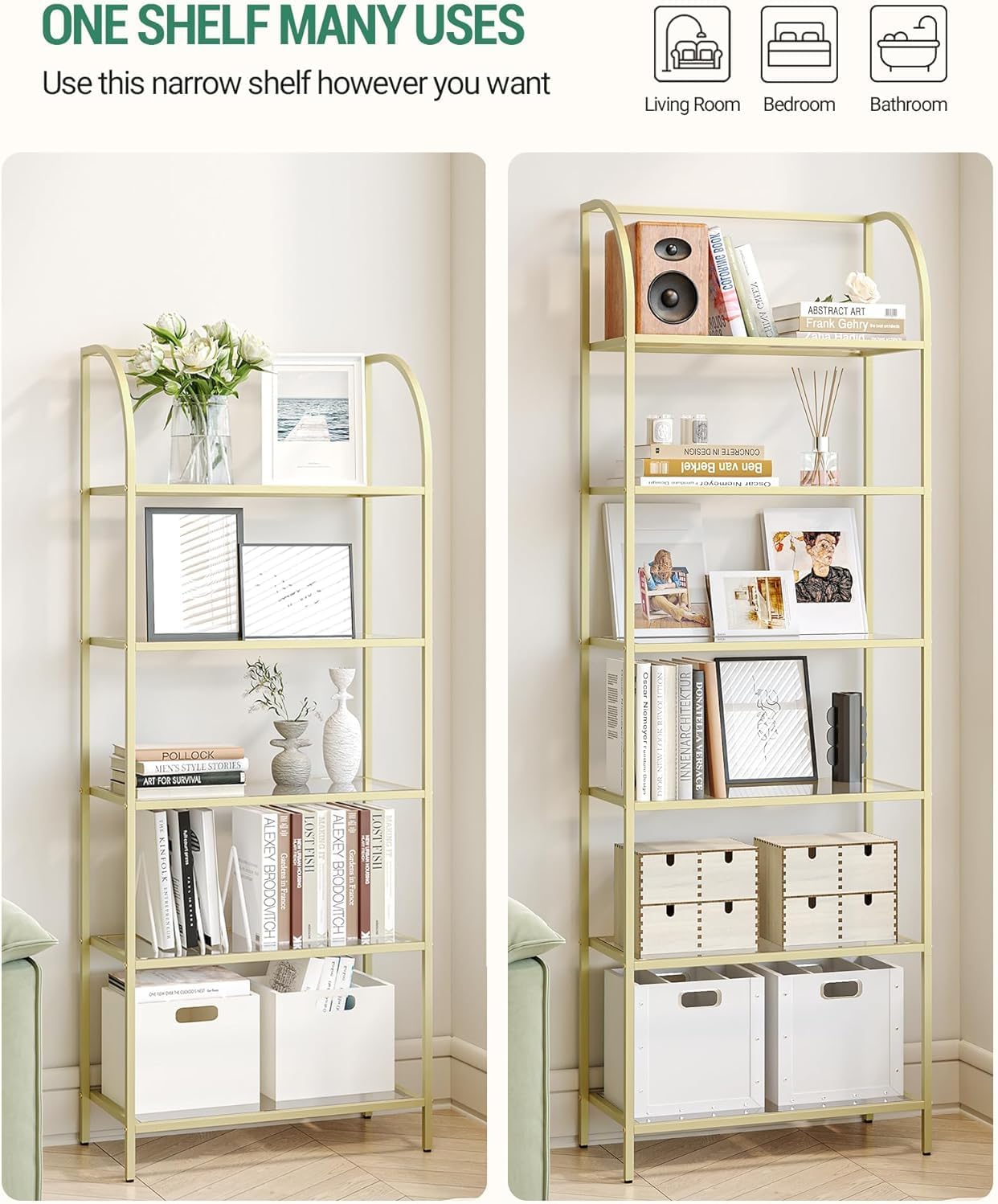 Bookcase Bookshelf, Tempered Glass Arched Bookshelf for More Storage, Slim Shelving Unit for Bedroom, Bathroom, Home Office, Steel Frame, Wide 6 Tier Gold BC22699G - Image 4