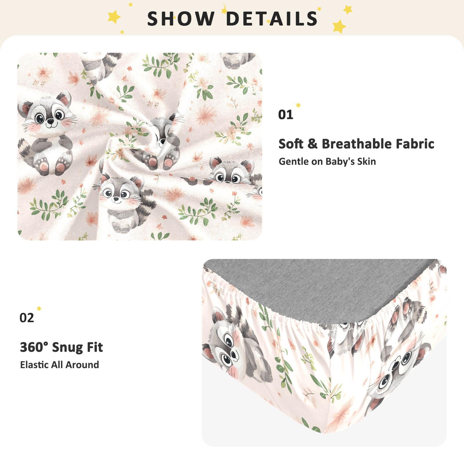 Sábanas de algodón para cuna de bebé con diseño de mapache rosa de dibujos animados, cómoda y transpirable, para decoración de guardería, 1 paquete para corral de
