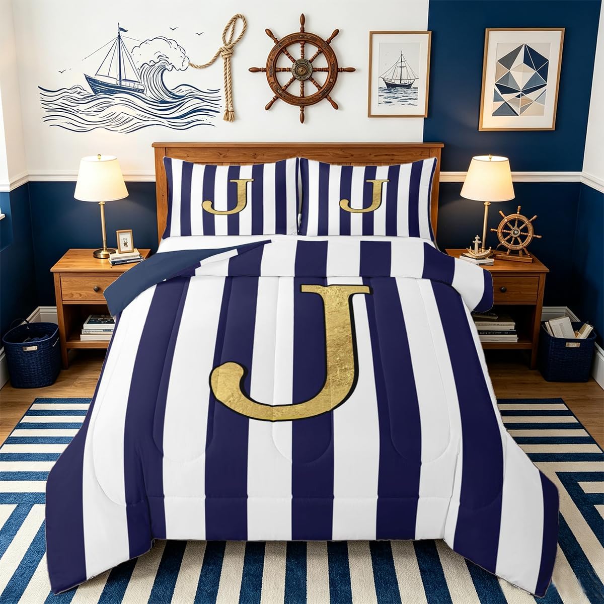 jejeloiu Monogram Letter J Comforter Set Navy Blue 2 Pillow Cases Full