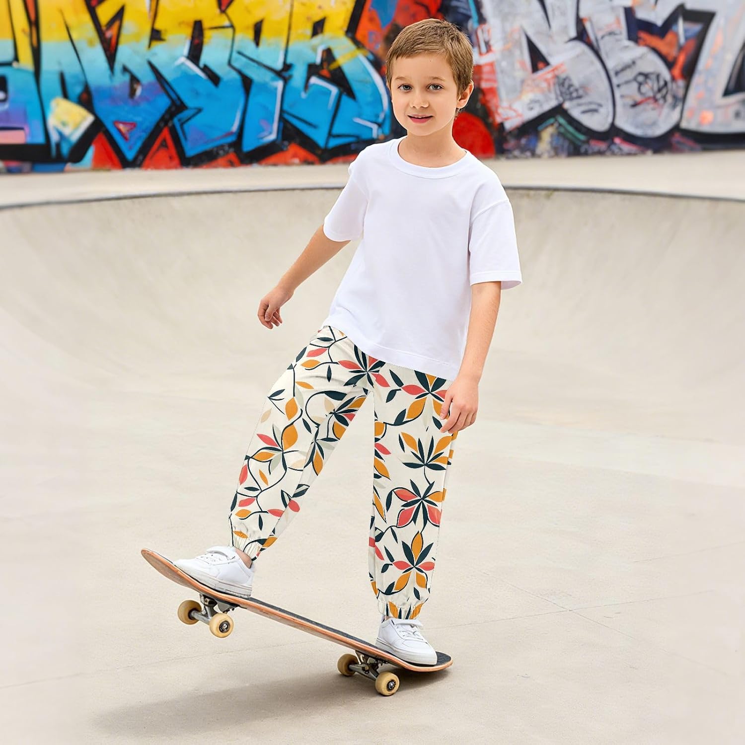 Boy Sweatpants Abstract Geometric Leaf Joggers Casual Athletic Pants Kids Elastic Waist Cuffed with Pockets
