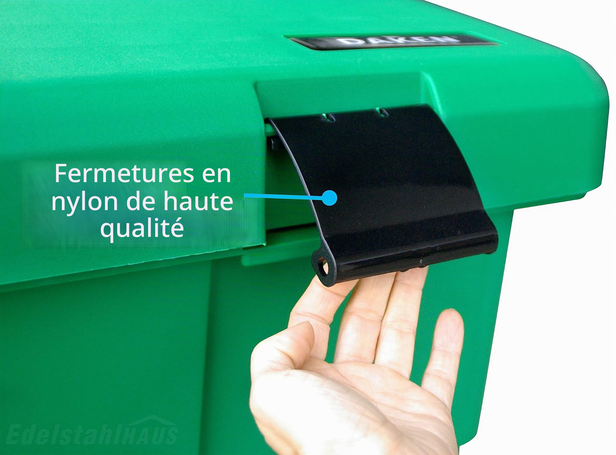 DAKEN Récipient à épandre avec pelle 108 l Vert Boîte à sel de déneigement Bac à sable Bac de stockage, boîte à saupoudrage, bac à sel, service d'hiver avec pelle