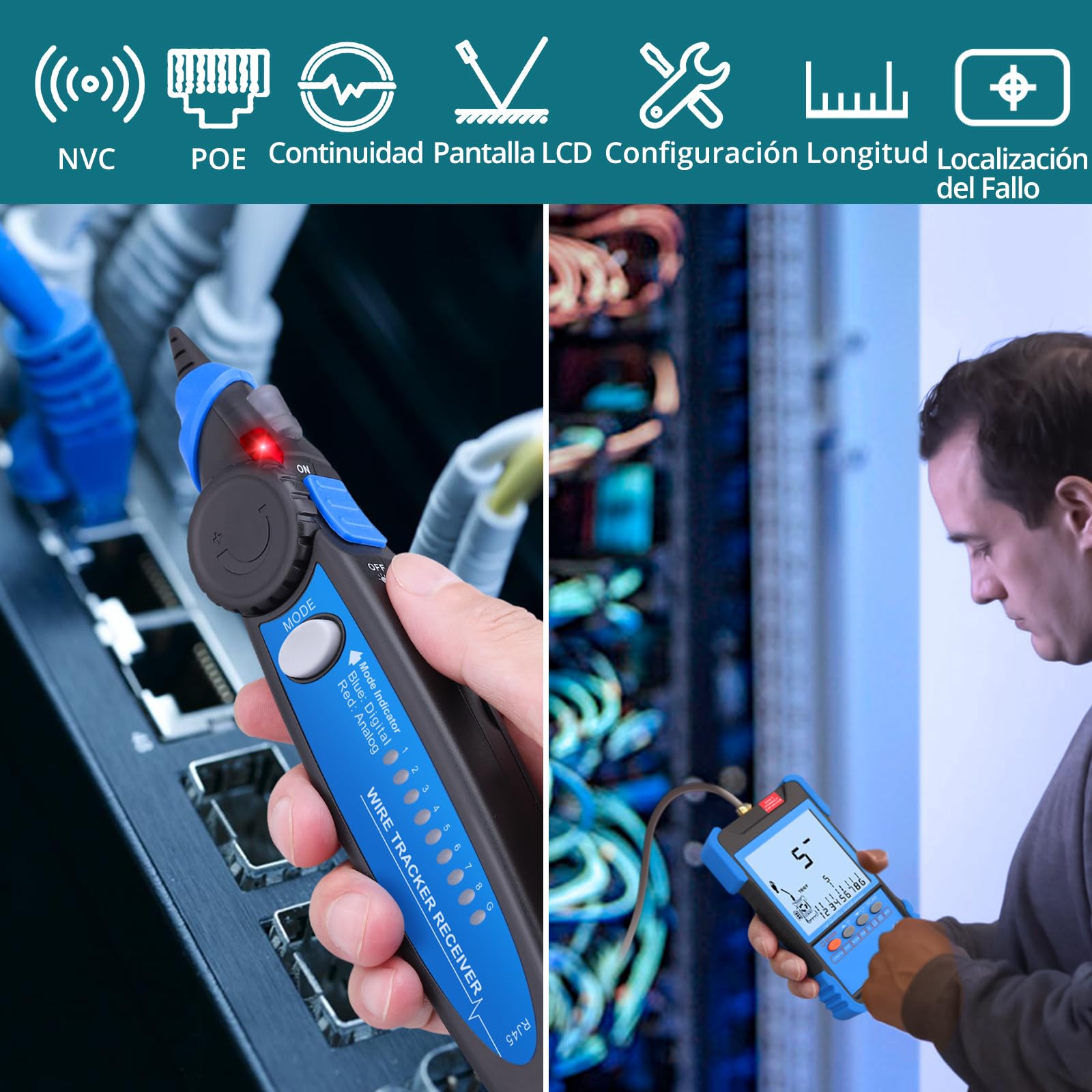 Probador de Cable con POE, Cableado Digital y Analógico, Multifunción Probador de Cable de Red NVC,Buscador de Líneas Cable CAT5 CAT5e CAT6 Cat7 Cat8 para Tensión de la Batería
