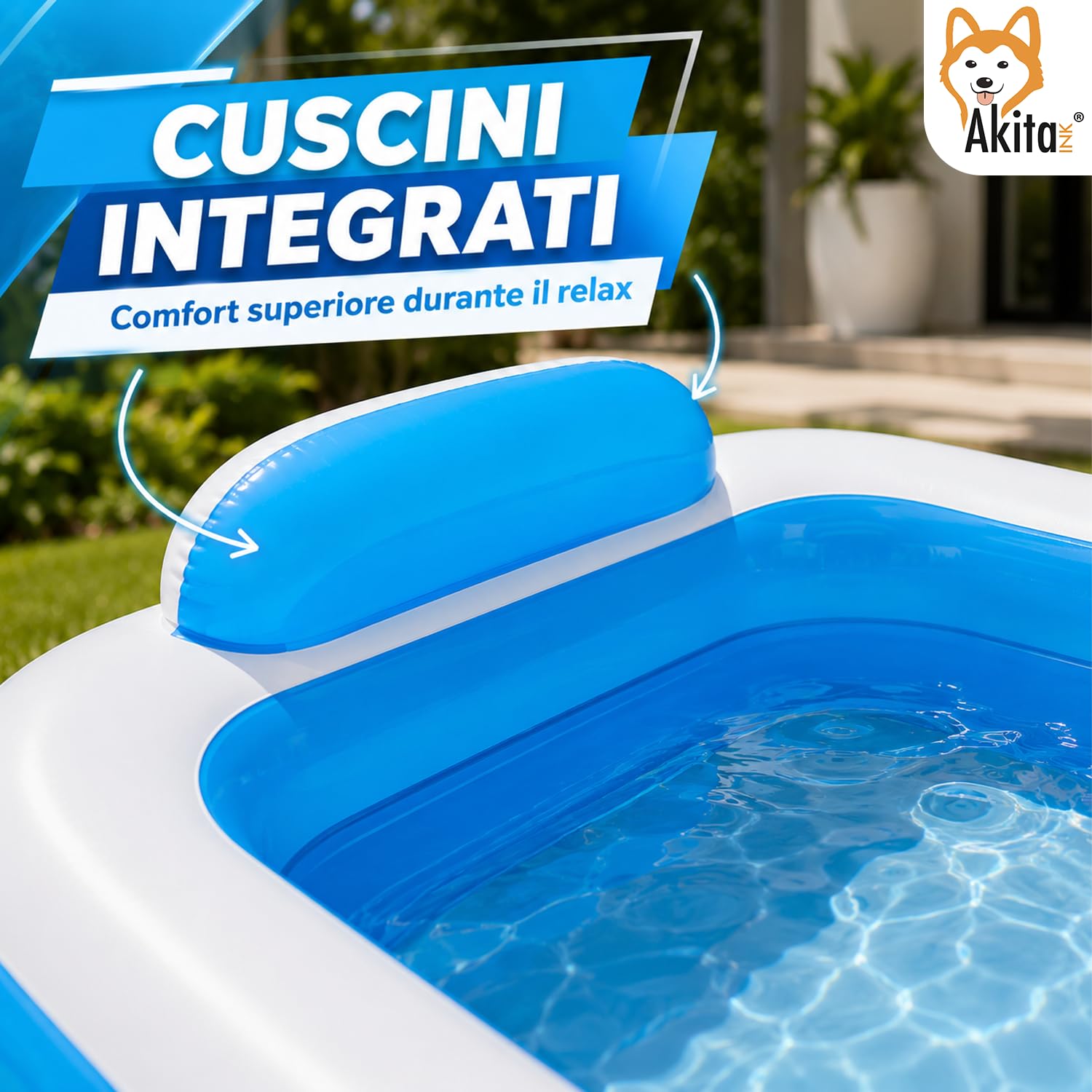 Akitaink Piscina Gonfiabile Rettangolare 200x150x50 cm con Cuscini Integrati, in Vinile Resistente PVC, Azzurro e Bianco, per Bambini dai 3 Anni, da Giardino
