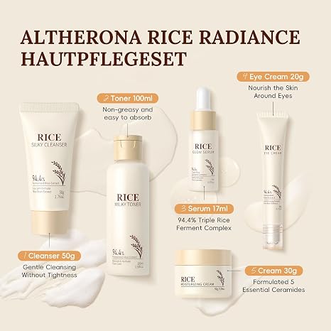 Reis Beauty Gift Set Women 5 Pieces Face Care Skincare Set with Cleanser Serum Rice Toner Cream Eye Cream Travel Size Soothing Skin Care Set Skin Care Advent Calendar