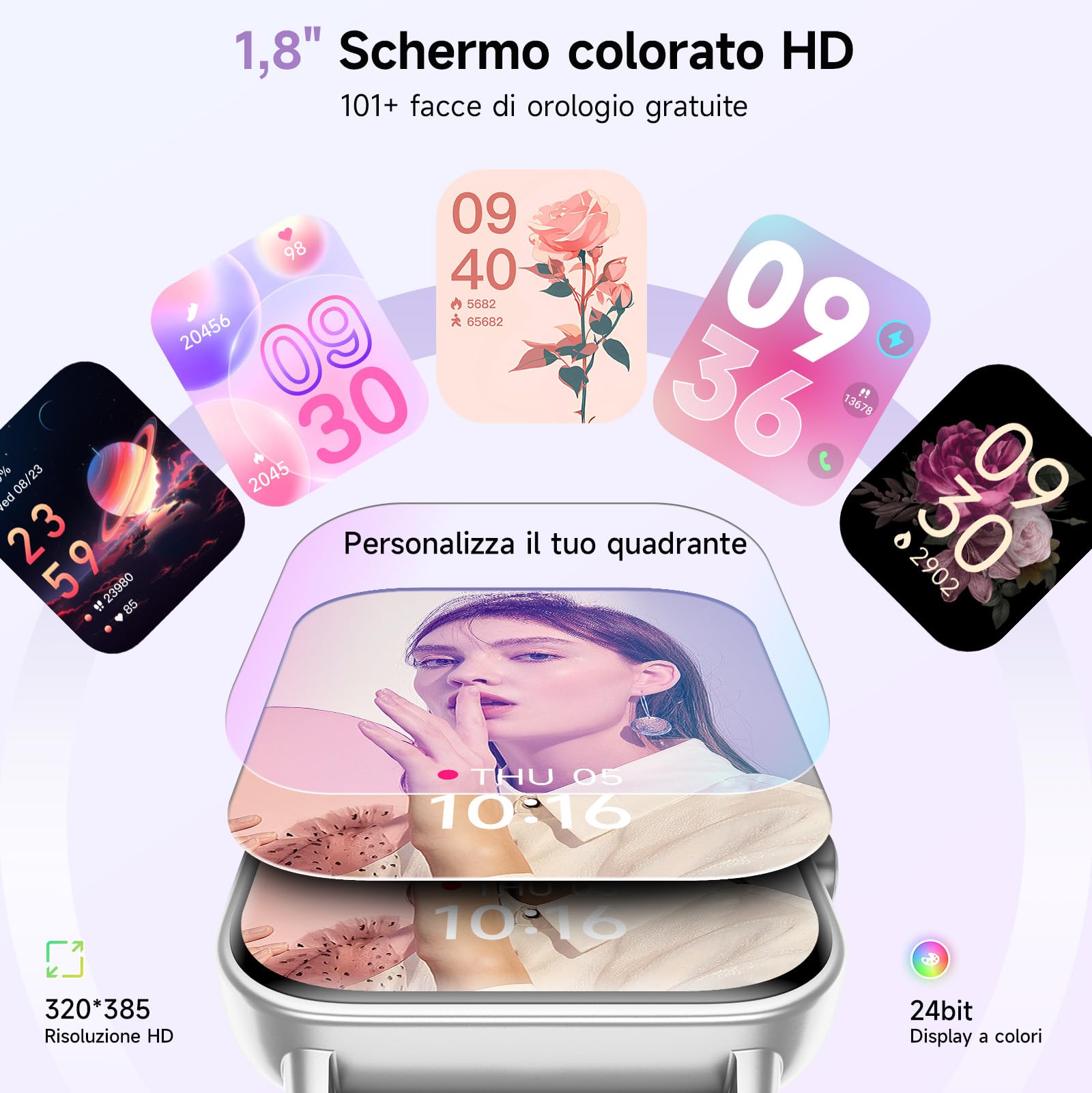 Smartwatch Donna, 1.8" Orologio Smartwatch con Alexa Integrato, Effettua/Risposta Chiamate, Fitness Tracker con Cardiofrequenzimetro/Contapassi/SpO2/Sonno, 110+ Sportive, IP68 per Android iOS- Viola